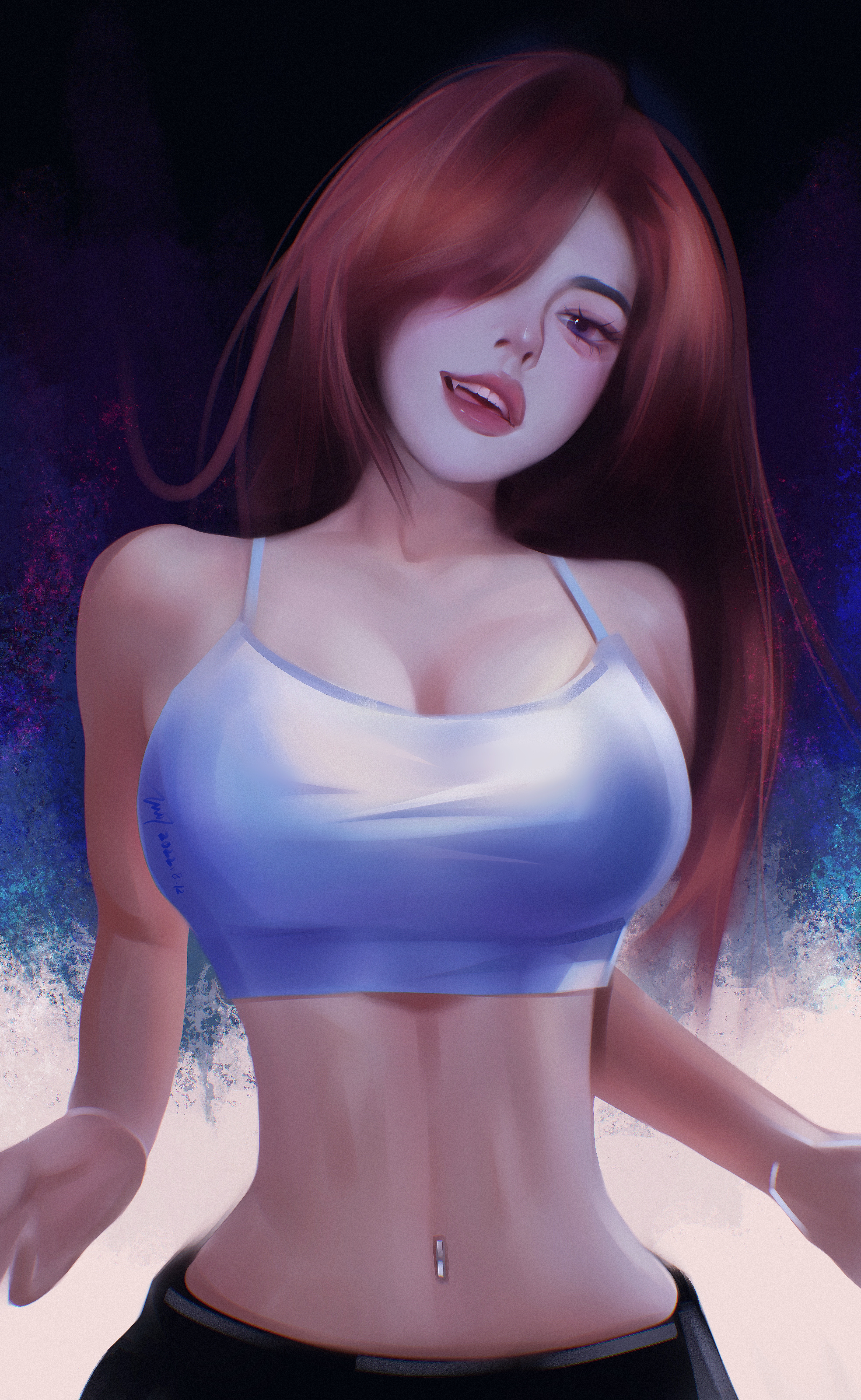General 4920x8000 fantasy girl painting tank top belly redhead looking at viewer hair over one eye open mouth cleavage big boobs bare midriff pierced navel