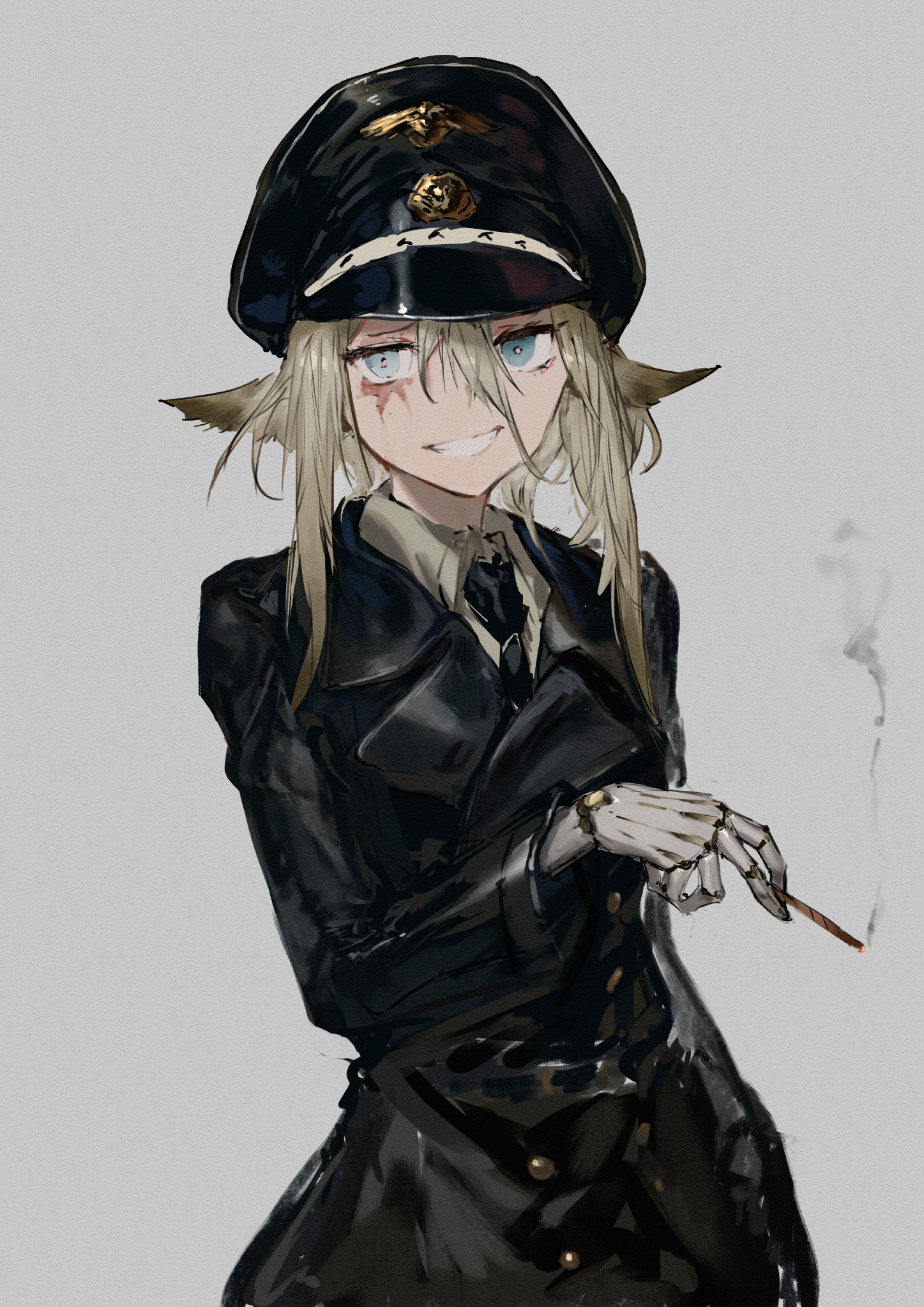 Anime 1447x2046 original characters blue eyes blonde military uniform Military Hat peaked cap anime girls stylized military uniform gauntlets necktie leather coat leather hat long hair smoking cigars anime tie pale prosthesis hat suits German detailed details high detail Caucasian long coat european