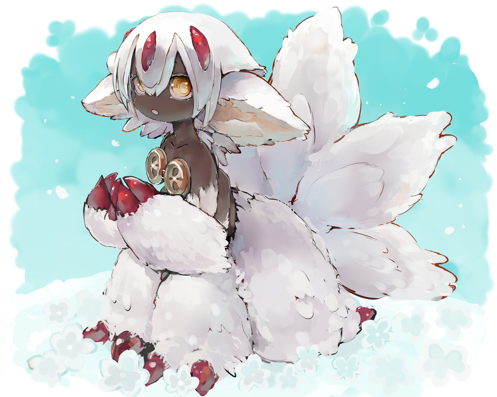 Anime 1600x1279 anime monster girl Made in Abyss fur bangs animal ears dark skin claws looking at viewer tail flowers petals bra Faputa (Made in Abyss)