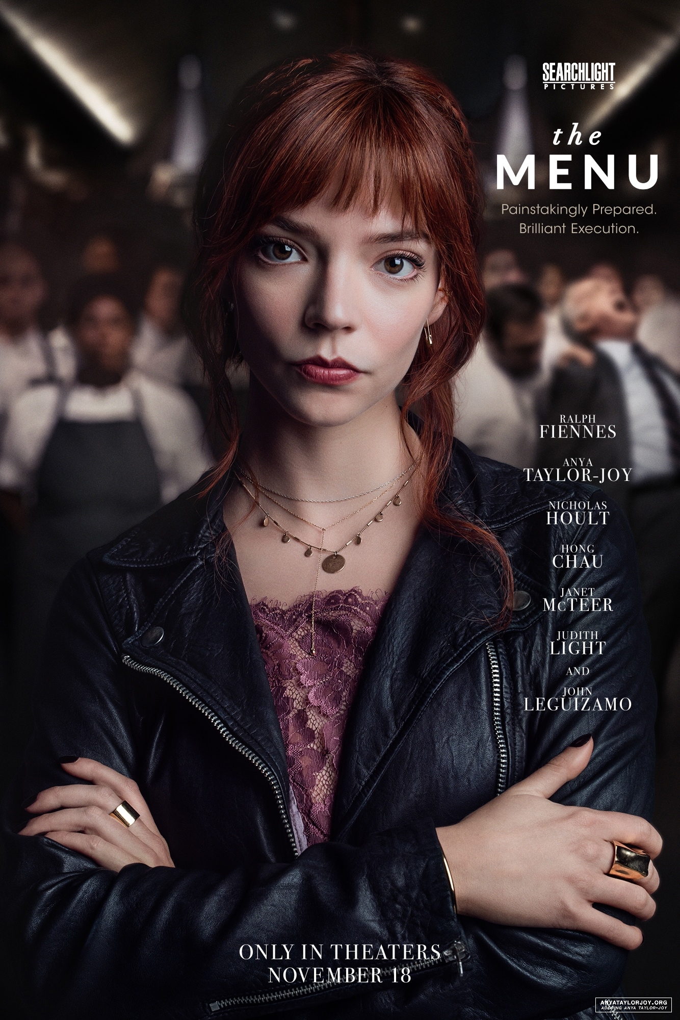 People 1334x2000 Anya Taylor-Joy  women women indoors movies movie poster redhead long hair black jackets leather jacket necklace looking at viewer painted nails rings arms crossed