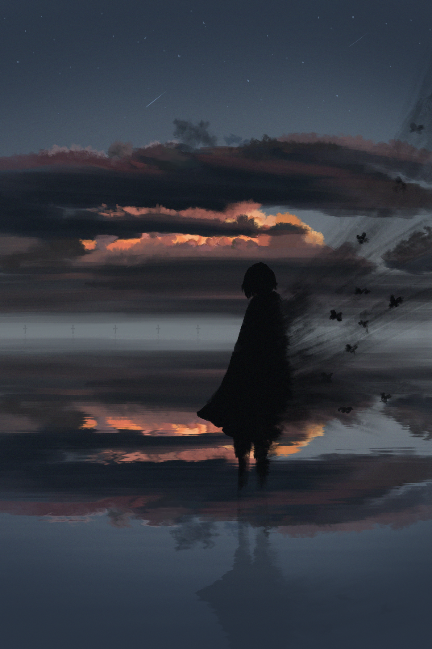 Anime 1400x2100 Yu jing illustration clouds sunset glow sunset starred sky water sky anime anime girls women outdoors standing silhouette alone reflection digital art