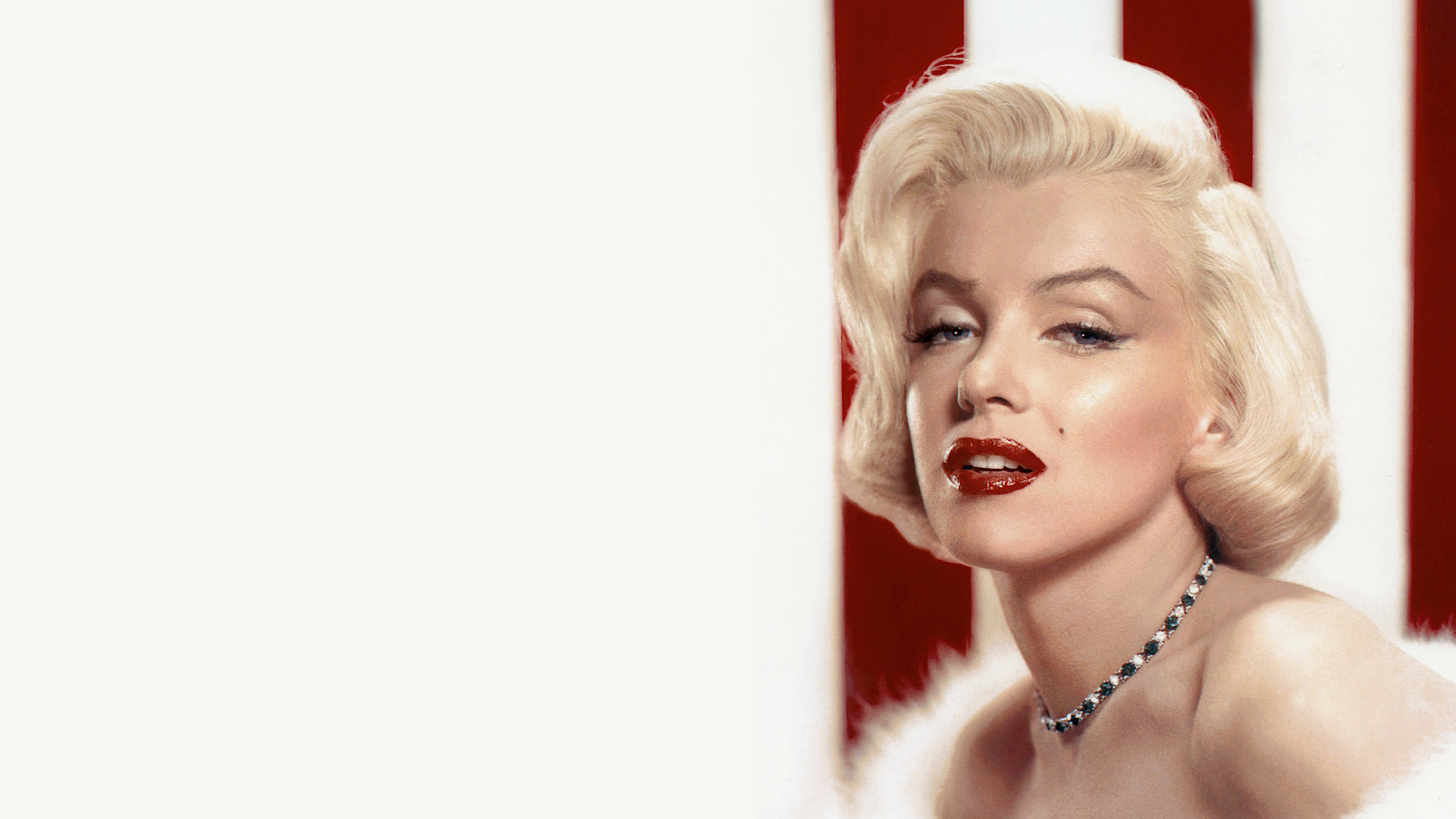 People 1920x1080 Marilyn Monroe women actress blonde necklace closeup red lipstick bare shoulders sensual gaze white background celebrity