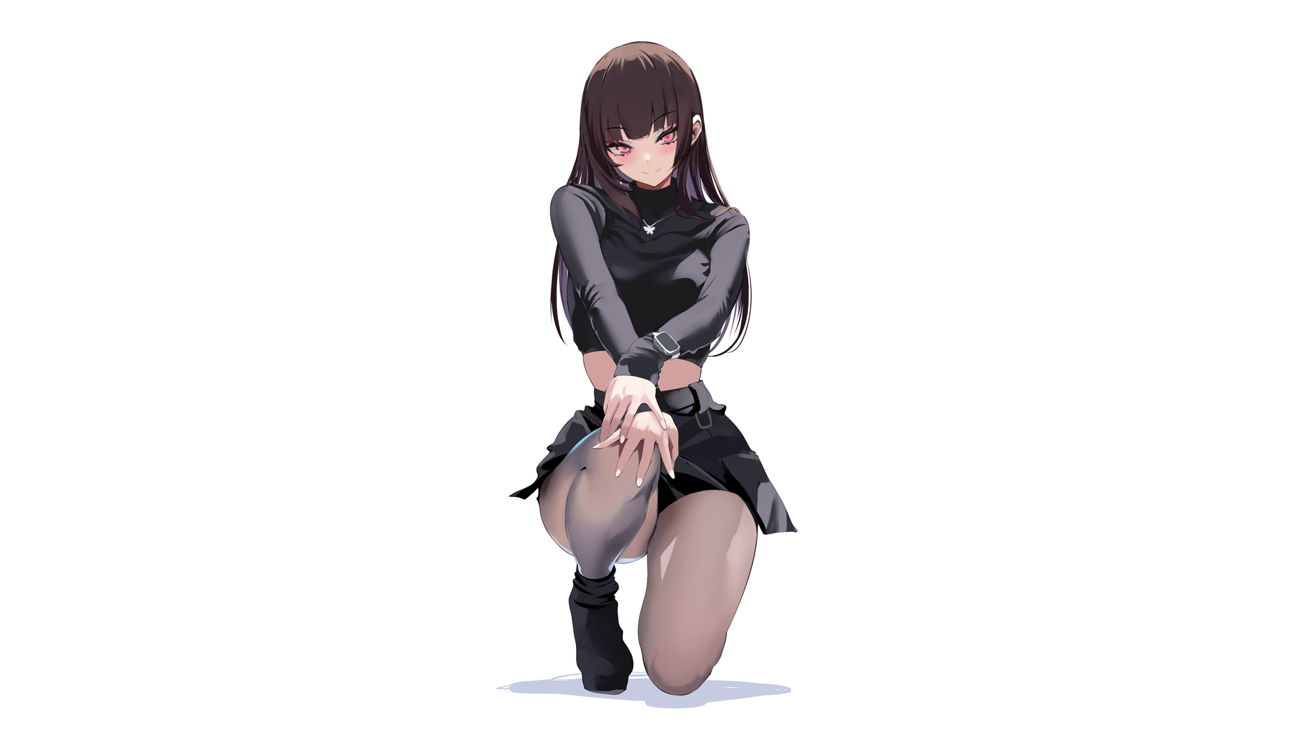 Anime 2560x1440 anime anime girls simple background kneeling thighs sitting miniskirt blush Spider Apple white background