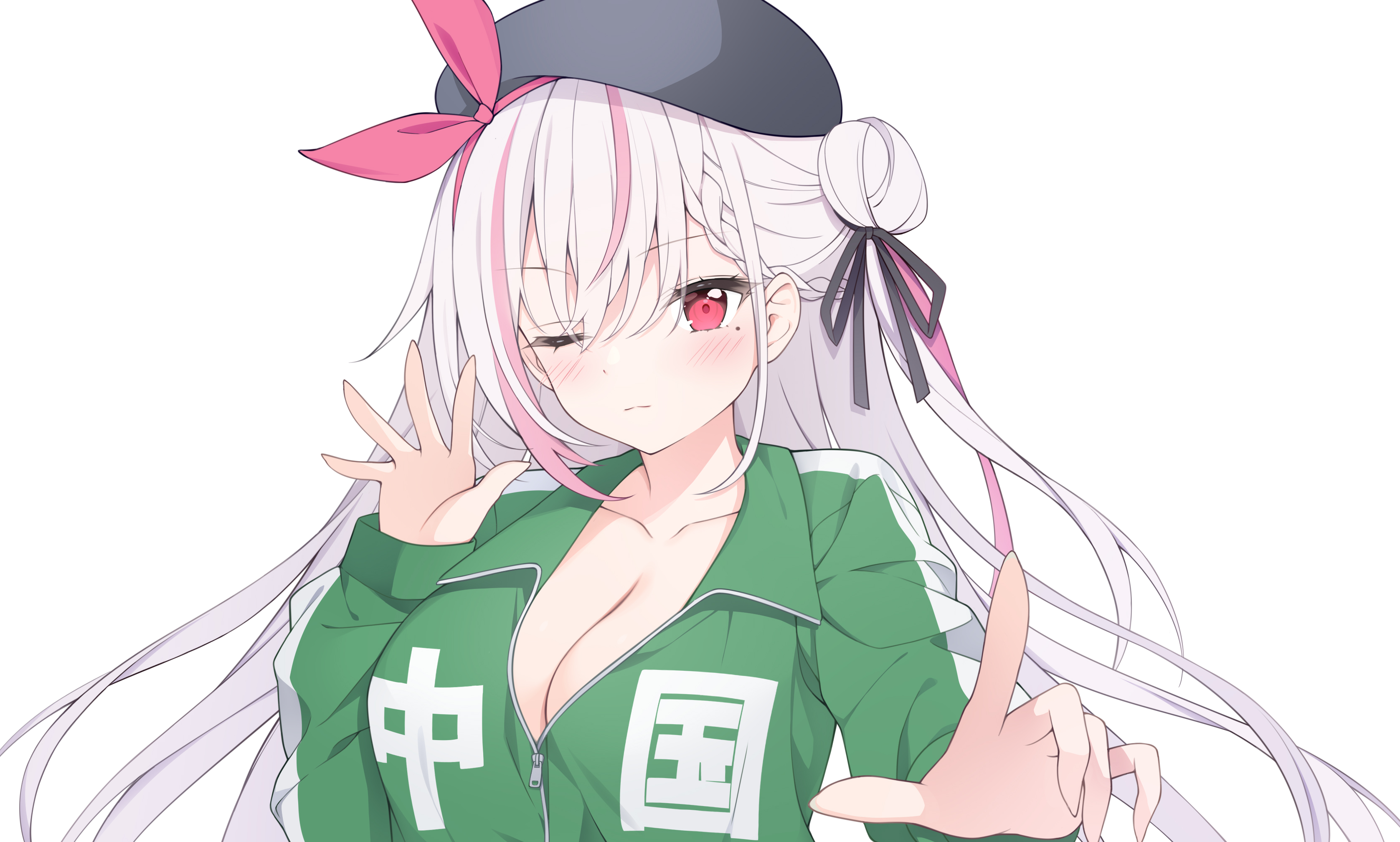 Anime 3352x2016 anime girls anime 2D looking at viewer ecchi white background red eyes big boobs cleavage one eye closed simple background hair in face hand gesture hat women women with hats long hair white hair green clothing zippers