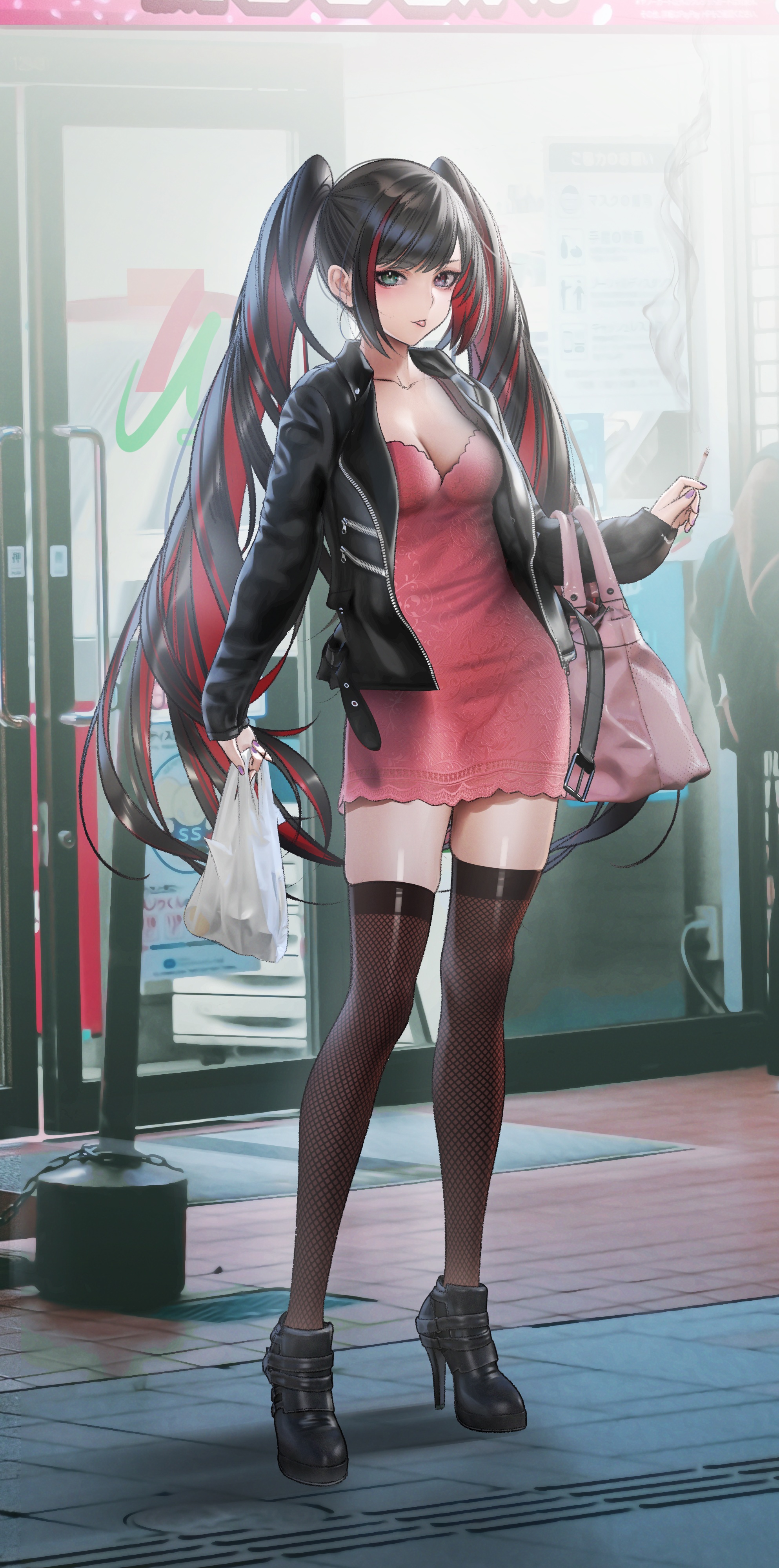 Anime 1986x3995 Nanaken Nana twintails bangs looking at viewer painted nails grocery bag smoking high heels leather jacket stockings open jacket anime girls cleavage two tone hair portrait display cigarettes long hair dress heterochromia smiling skinny collarbone purse
