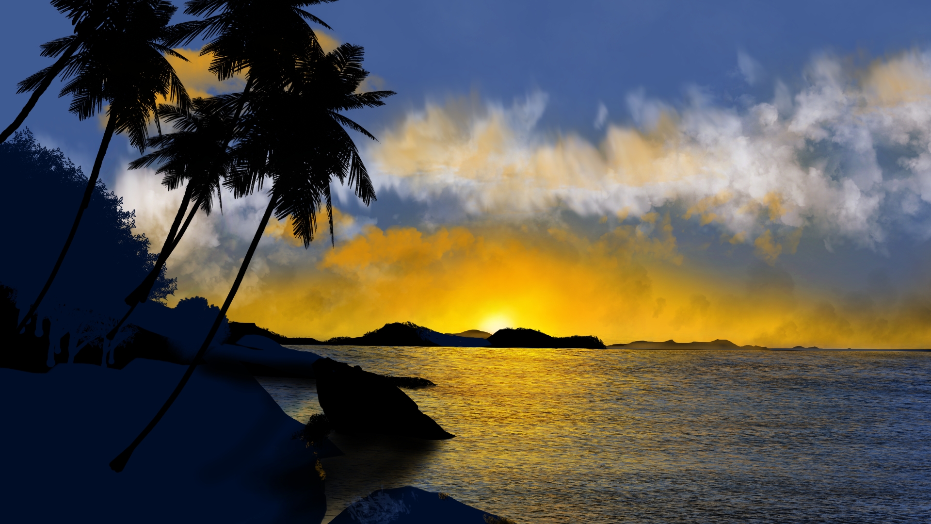 General 1920x1080 digital painting digital art nature ocean view palm trees sunset clouds water trees