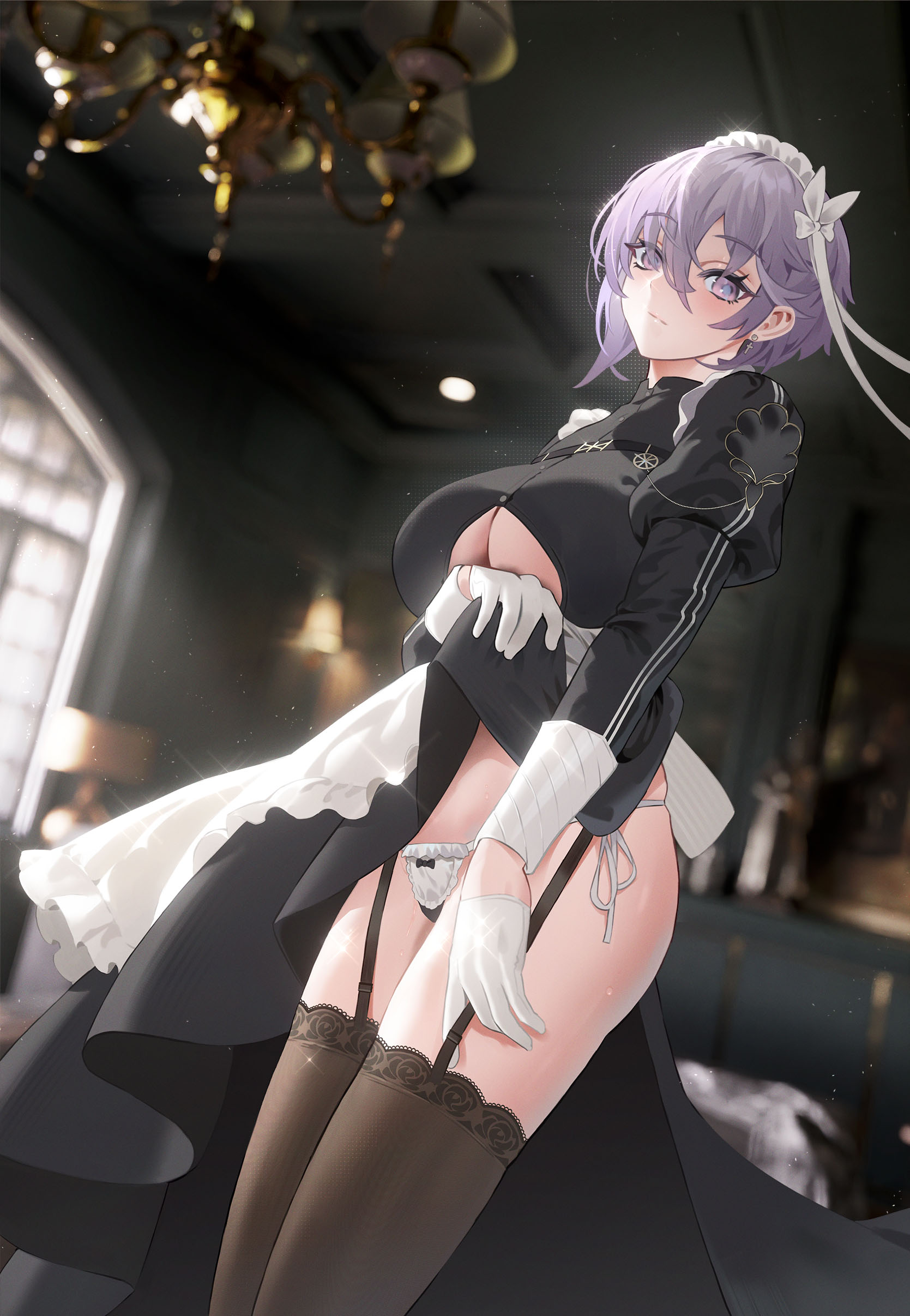 Anime 1669x2413 Azur Lane Bellona (Azur Lane) anime girls big boobs maid outfit lifting skirt stockings garter belt cleavage