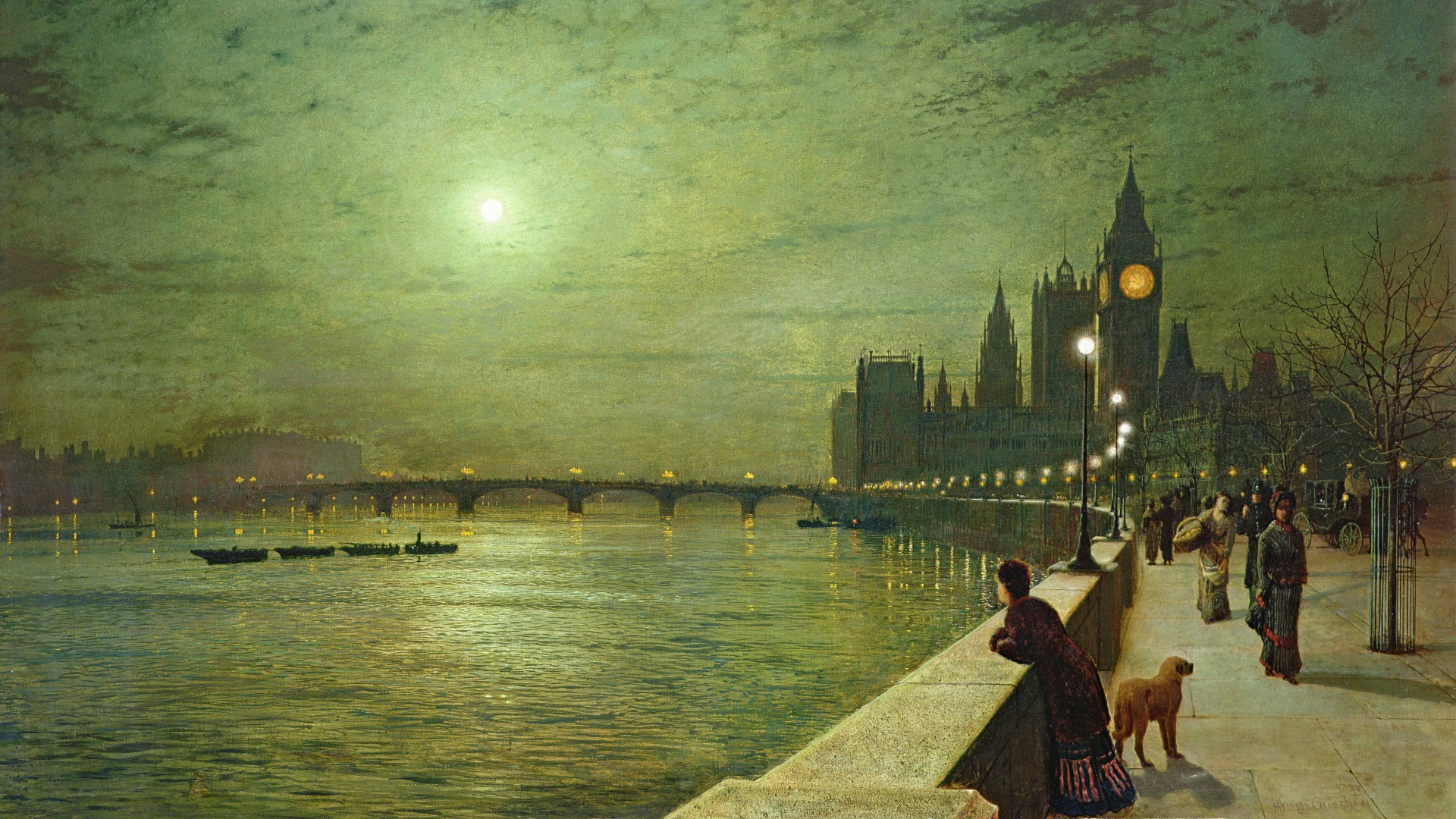 General 1920x1080 painting city water night artwork John Atkinson Grimshaw London UK Westminster Big Ben River Thames bridge
