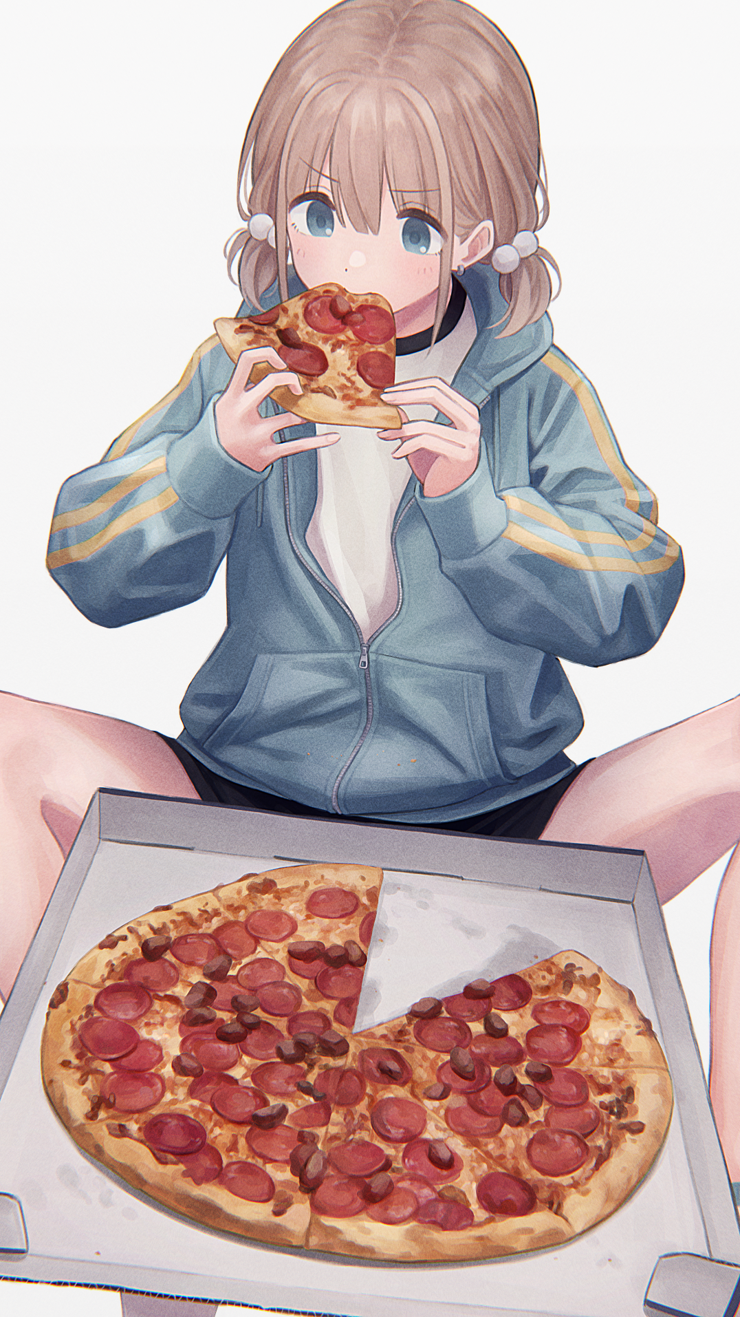 Anime 1076x1914 anime anime girls THE iDOLM@STER: Shiny Colors Serizawa Asahi portrait display pizza eating anime girls eating blue eyes pepperoni THE iDOLM@STER food brunette