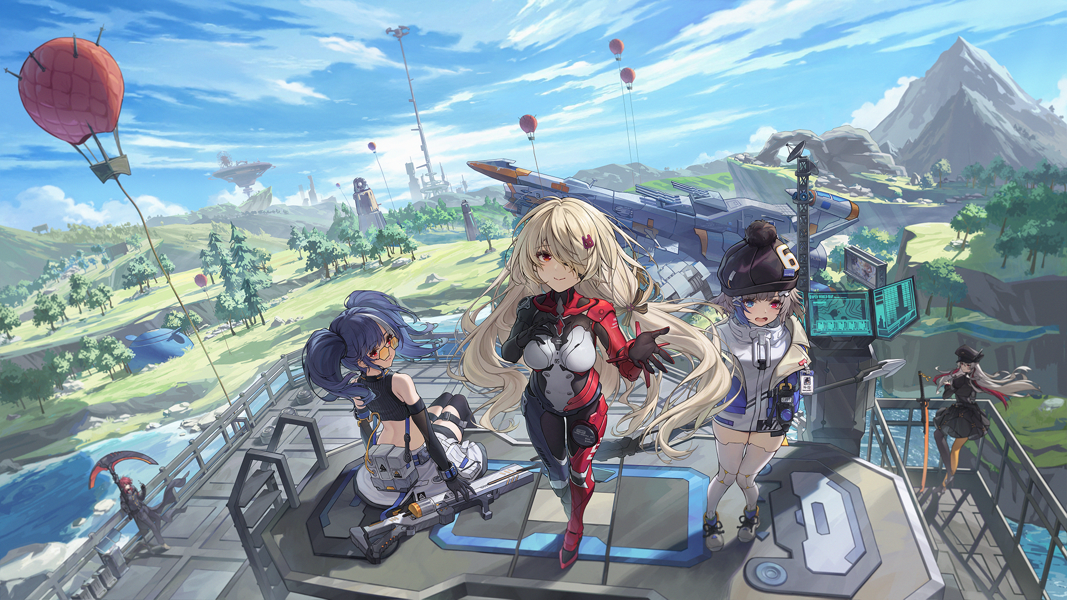 Anime 2100x1181 anime anime girls group of women sky blonde weapon hair in face red eyes long hair landscape bodysuit heterochromia Youxuemingdie Tower of Fantasy