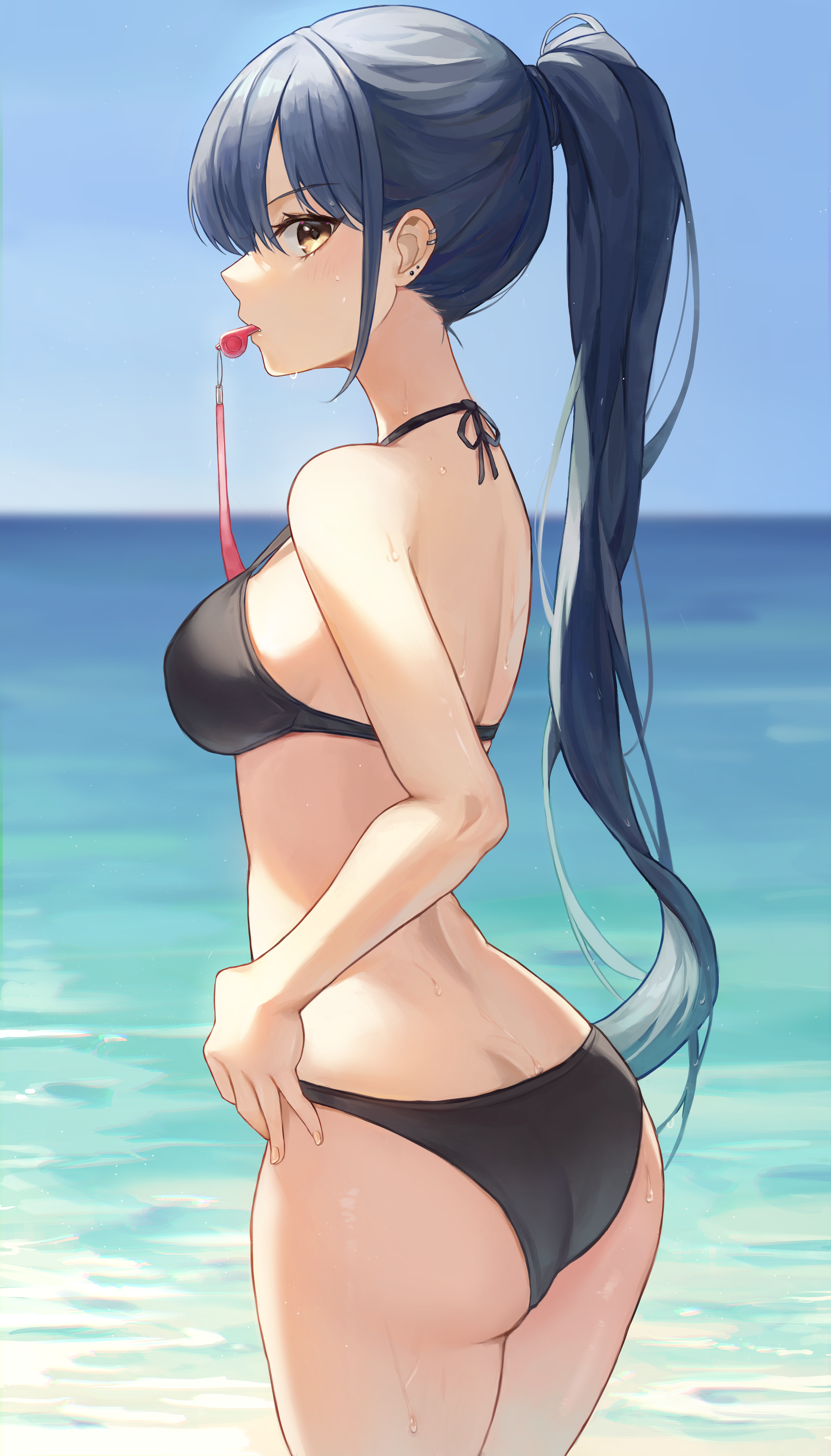 Anime 3237x5675 anime anime girls ponytail swimwear beach bikini ass dark hair brown eyes artwork MRR whistle