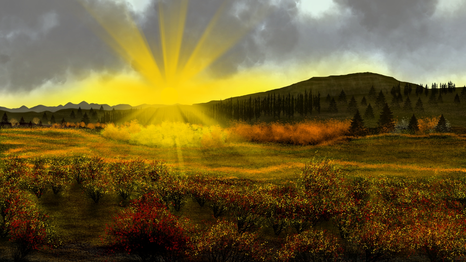 General 1920x1080 digital painting digital art nature sunburst dawn