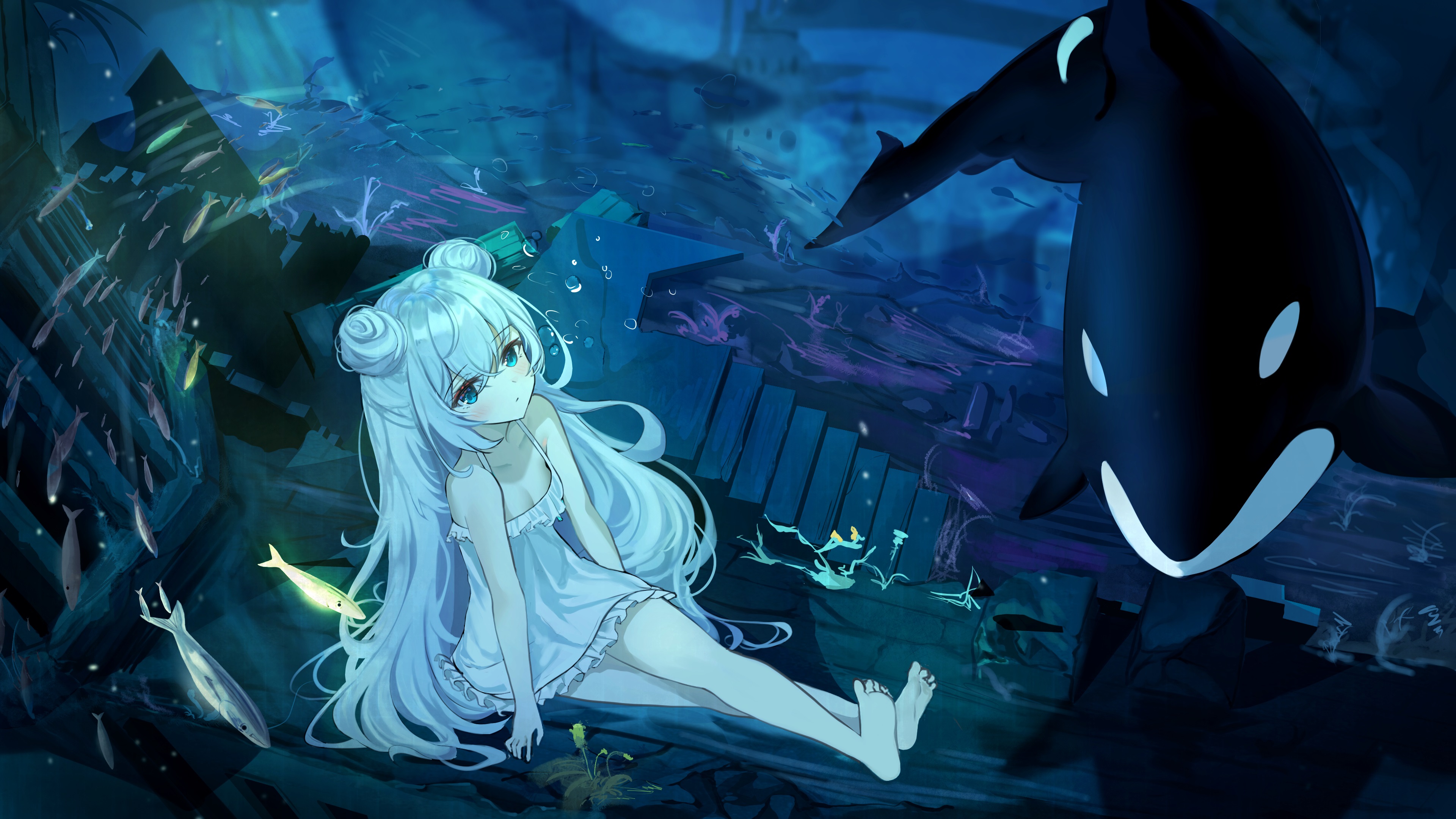 Anime 3840x2160 anime anime girls underwater dress barefoot loli long hair silver hair blue eyes