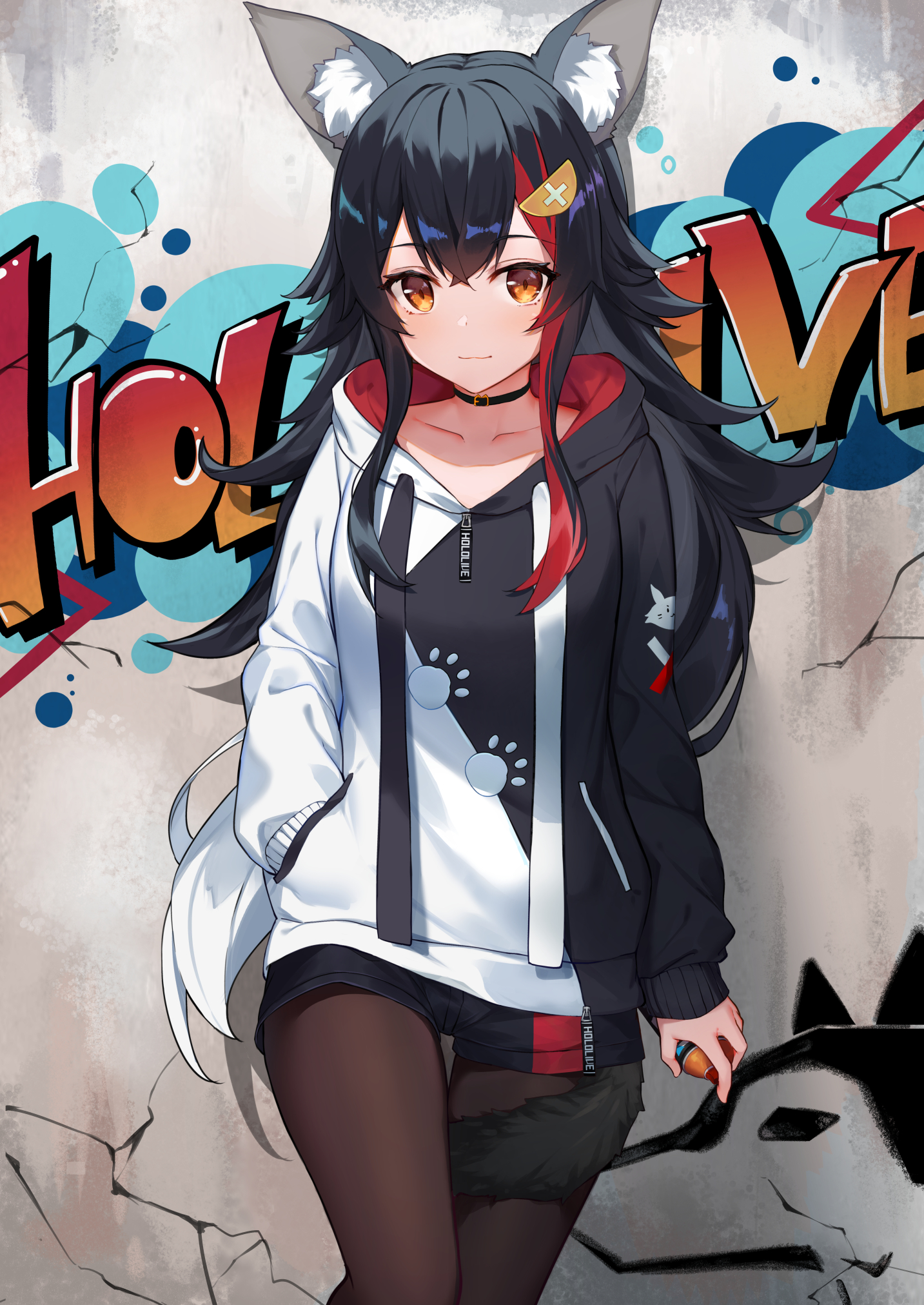 Anime 1433x2023 anime anime girls Virtual Youtuber Hololive Ookami Mio portrait display Isaya graffiti tail animal ears hoods