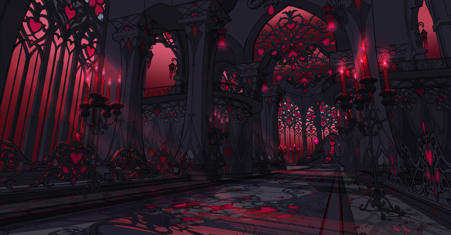 General 1920x1000 Liuying JP digital art fantasy art heart stained glass cathedral red candles hallway throne