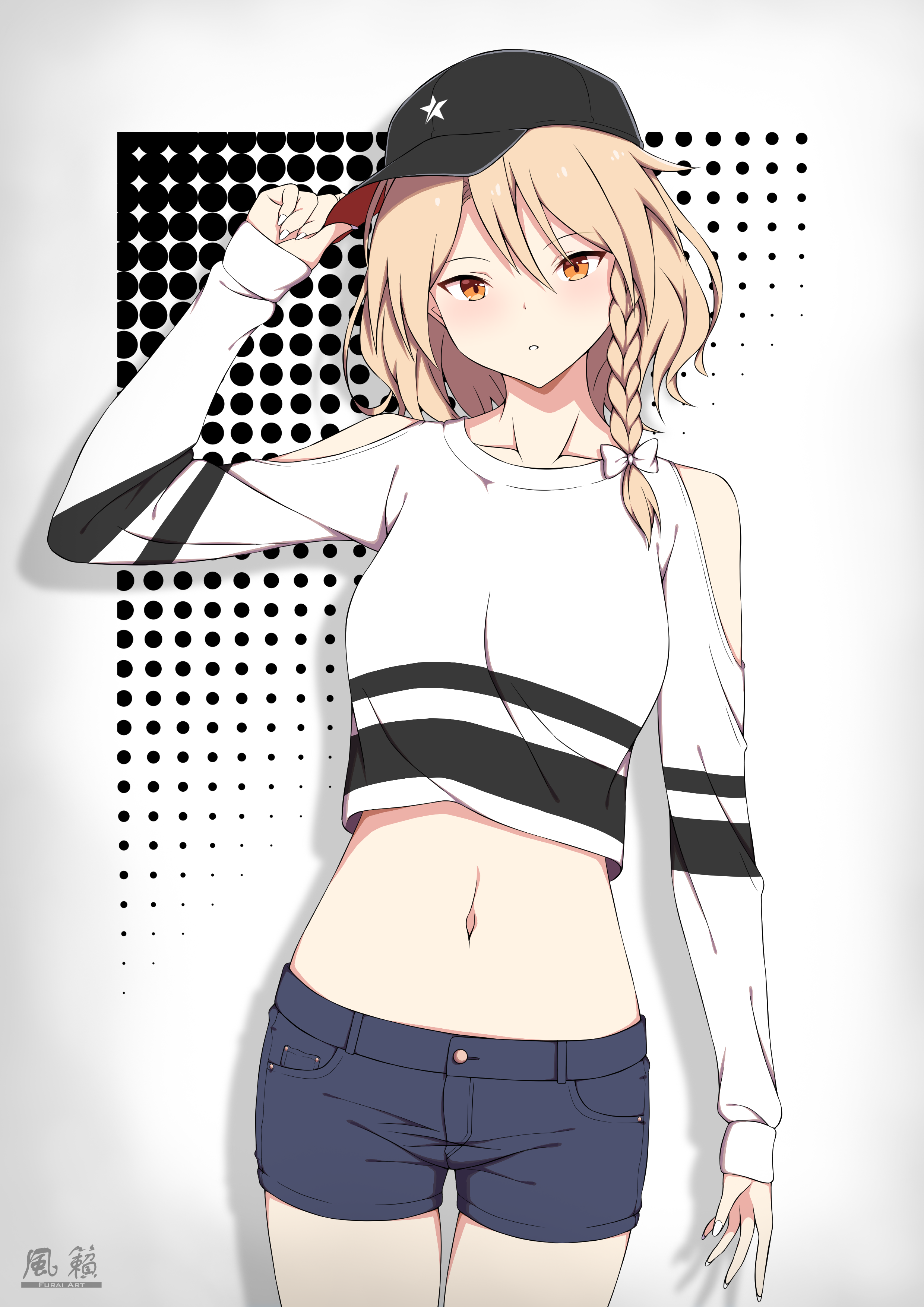 Anime 2480x3508 belly button belly hat crop top shorts 2D digital art anime anime girls blonde braids short hair Furai