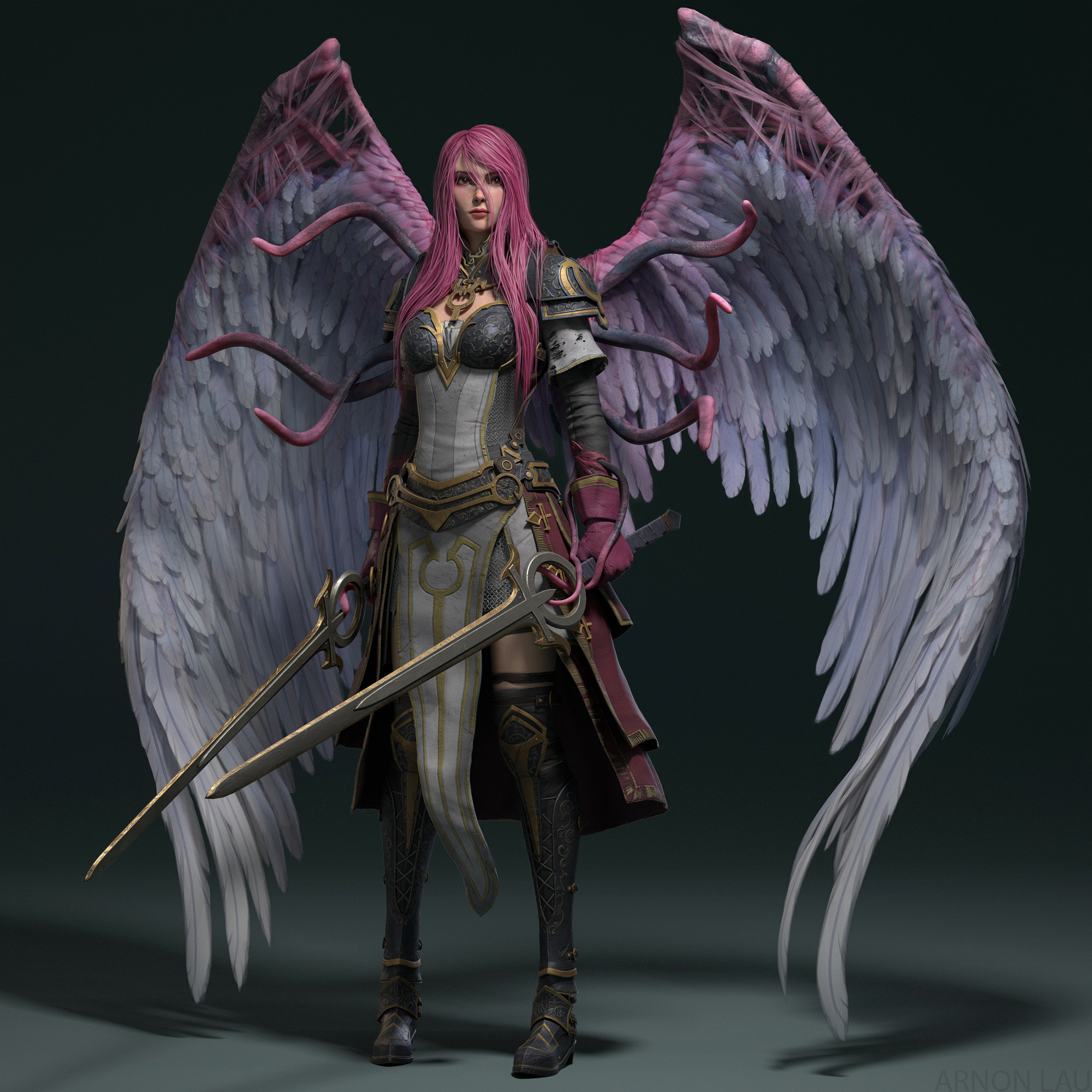 General 2000x2000 Arnon Lau fantasy girl fantasy art women with swords simple background wings artwork pink hair standing long hair digital art