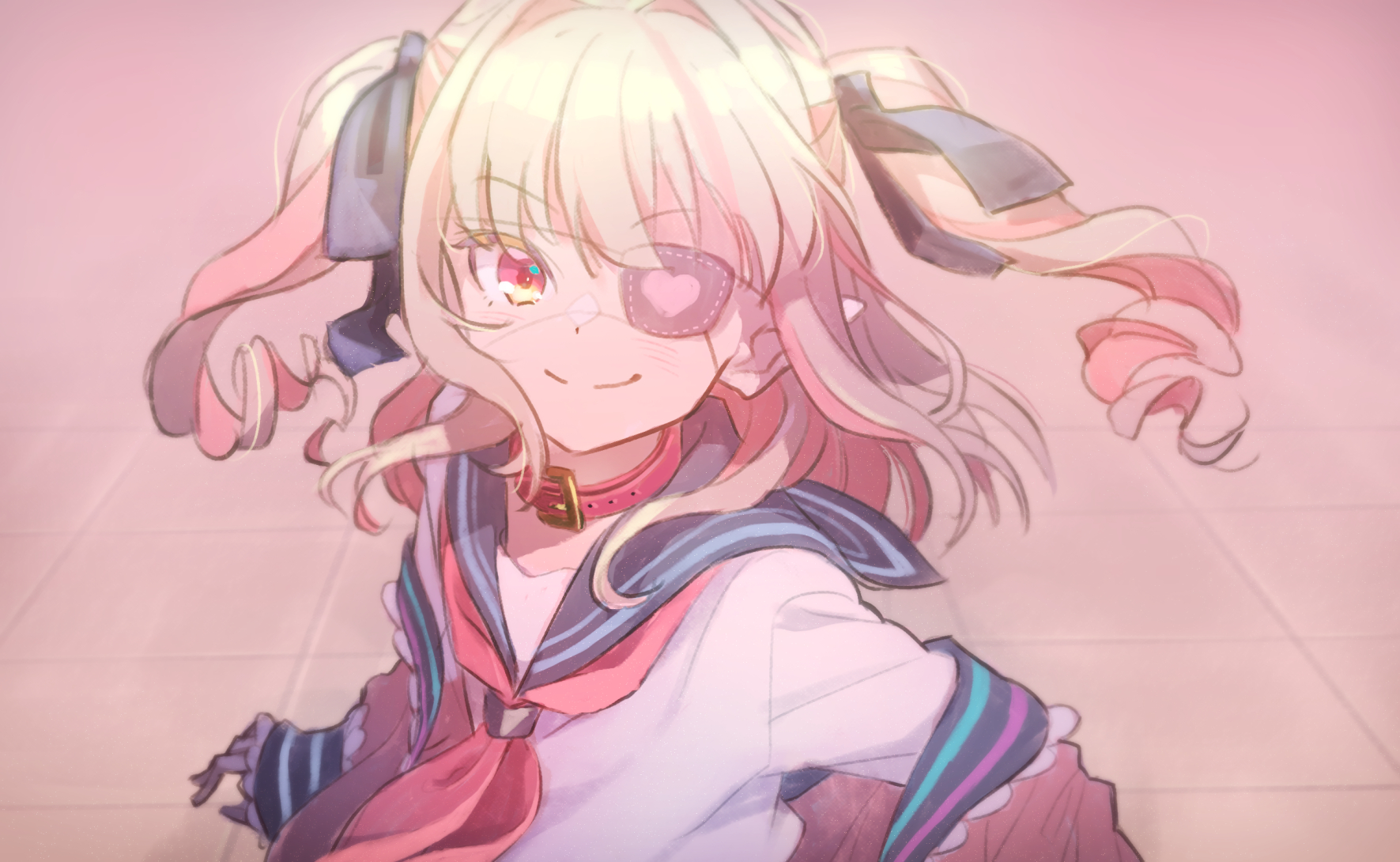 Anime 1771x1090 anime anime girls eyepatches heart (design) pink background smiling blonde looking at viewer