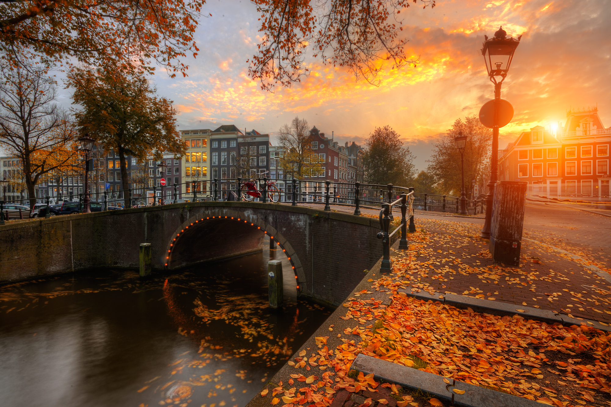 General 2000x1335 sunset water landscape outdoors photography bridge sky clouds Sun bicycle trees fall Amsterdam Netherlands