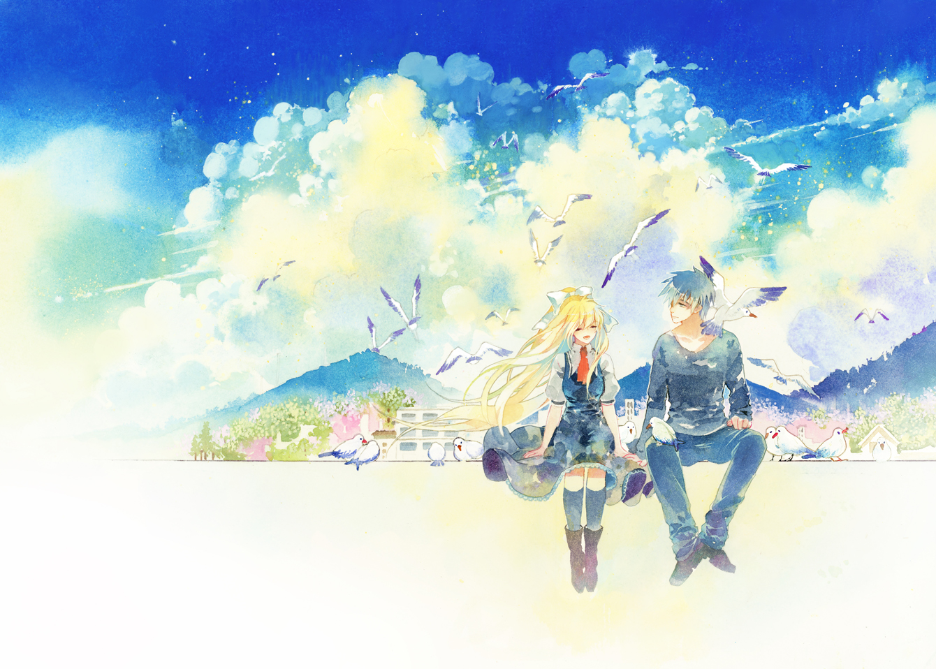 Anime 1340x958 Kamio Misuzu Air (anime) couple sky seagulls blonde dress abstract