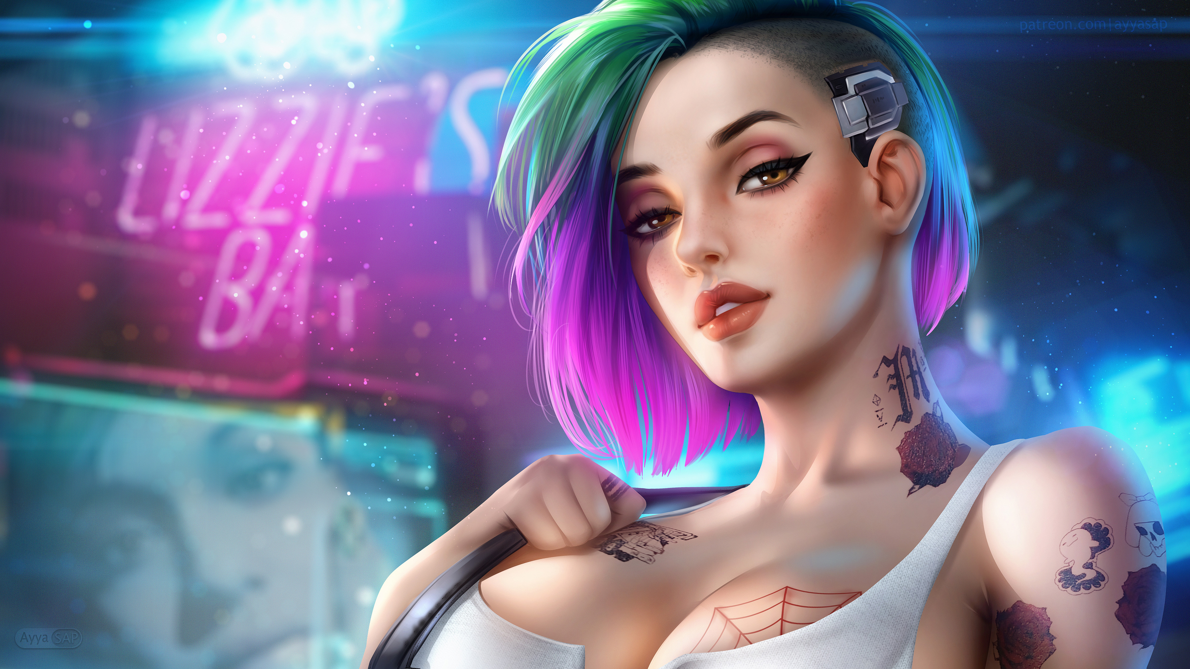 General 3840x2160 fantasy girl digital art cybergirl tank top cleavage tattoo makeup neon Judy Alvarez Cyberpunk 2077