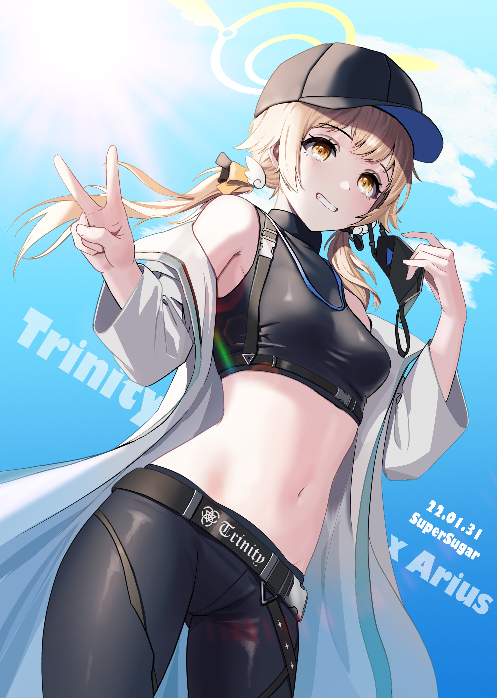 Anime 1920x2700 2D anime anime girls digital art Pixiv looking at viewer yellow eyes belly belly button tight clothing black hat blonde mask peace sign ponytail