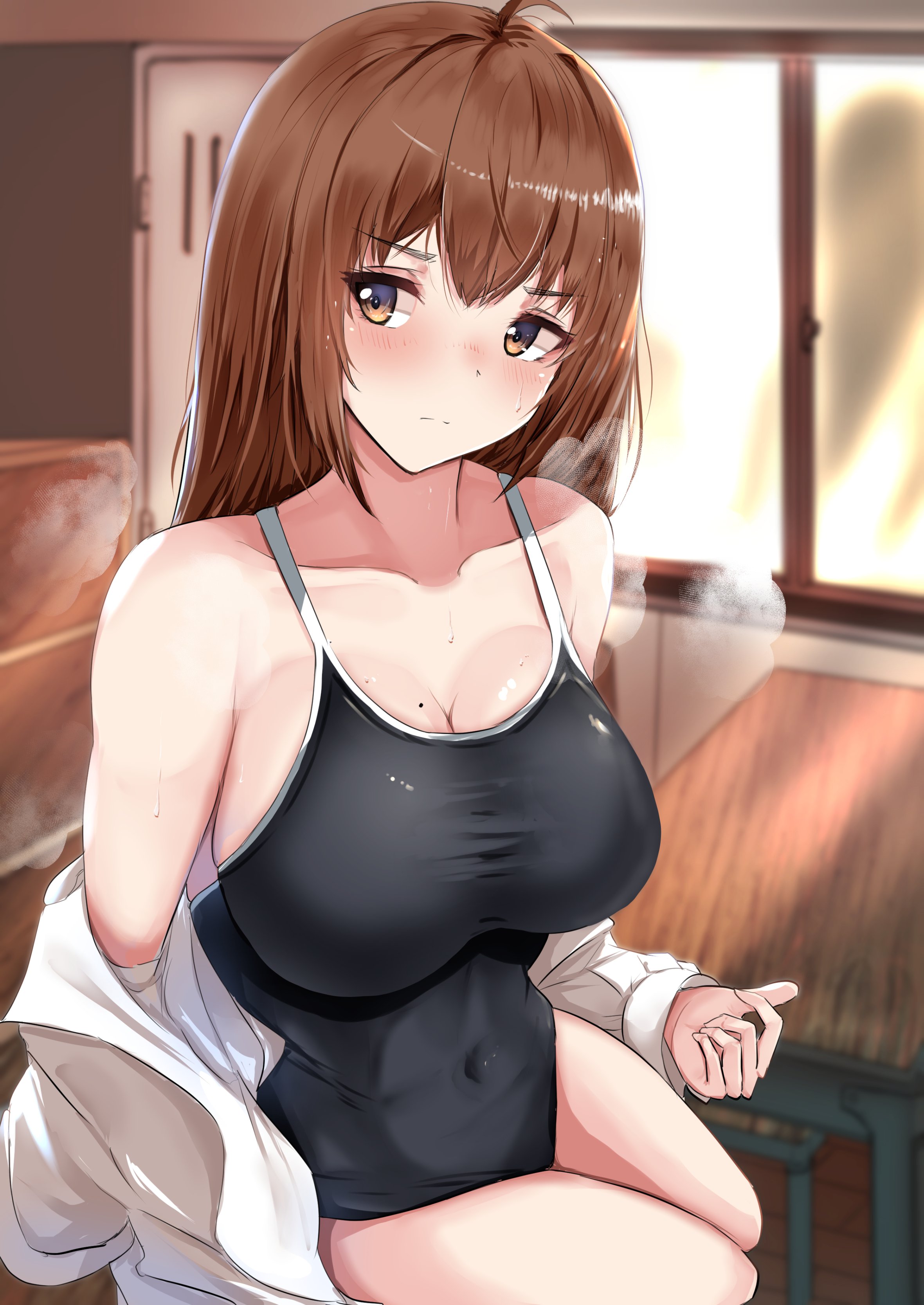 Anime 2361x3334 anime girls original characters one-piece swimsuit big boobs brunette brown eyes blushing school swimsuits cleavage open shirt classroom Take (artist)