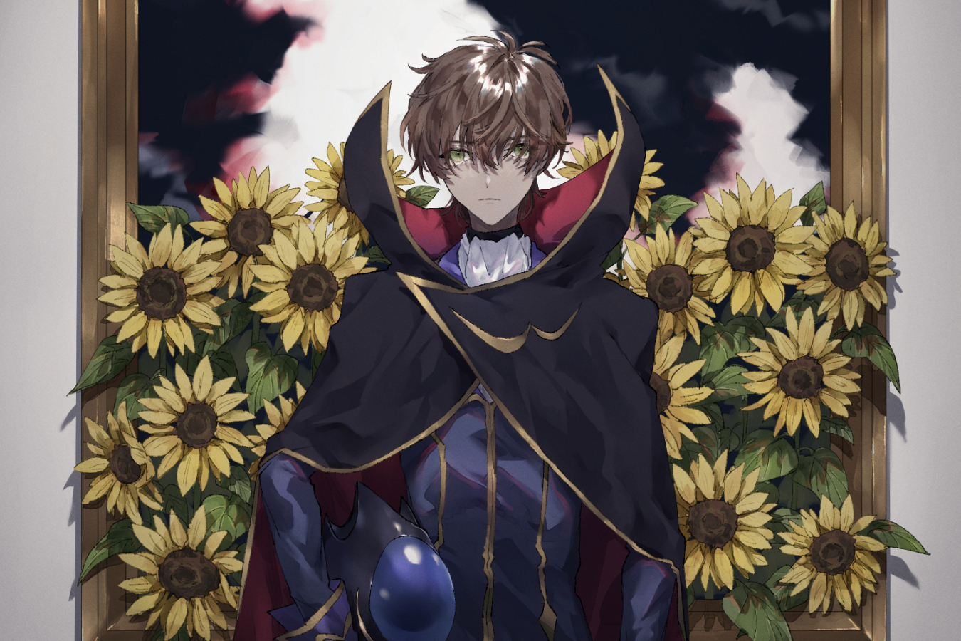 Anime 1350x900 Kururugi Suzaku Code Geass Zero anime boys Pixiv sunflowers flowers plants green eyes anime