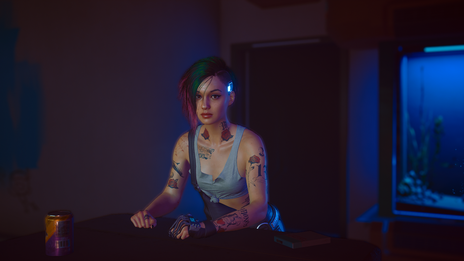 General 1920x1080 Cyberpunk 2077 Judy Alvarez video game girls CD Projekt RED screen shot dyed hair looking at viewer video game characters science fiction women inked girls red lipstick women indoors video games PC gaming