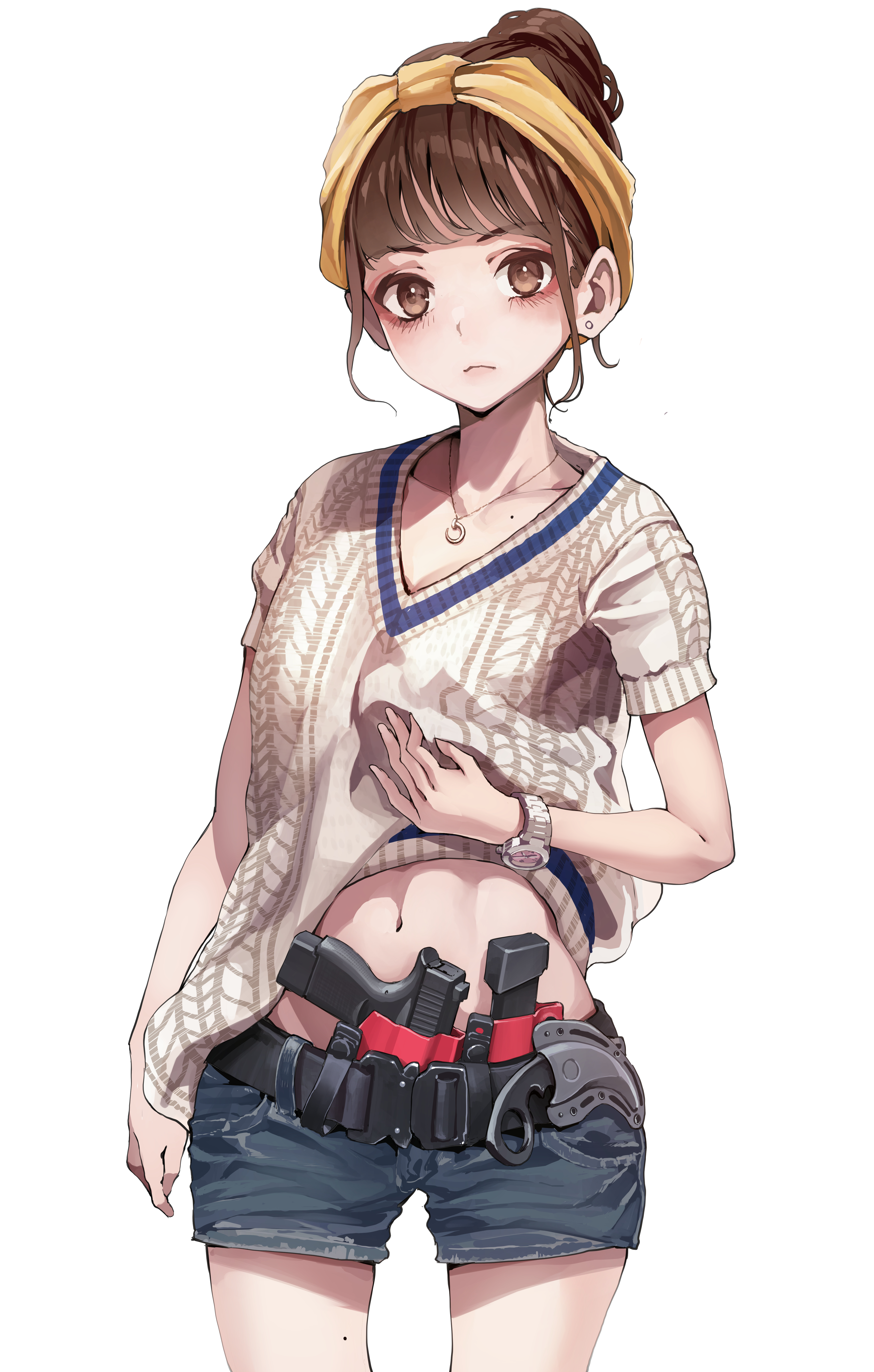 Anime 4283x6725 anime anime girls digital art artwork 2D portrait display koh brunette brown eyes sweater short shorts gun belly
