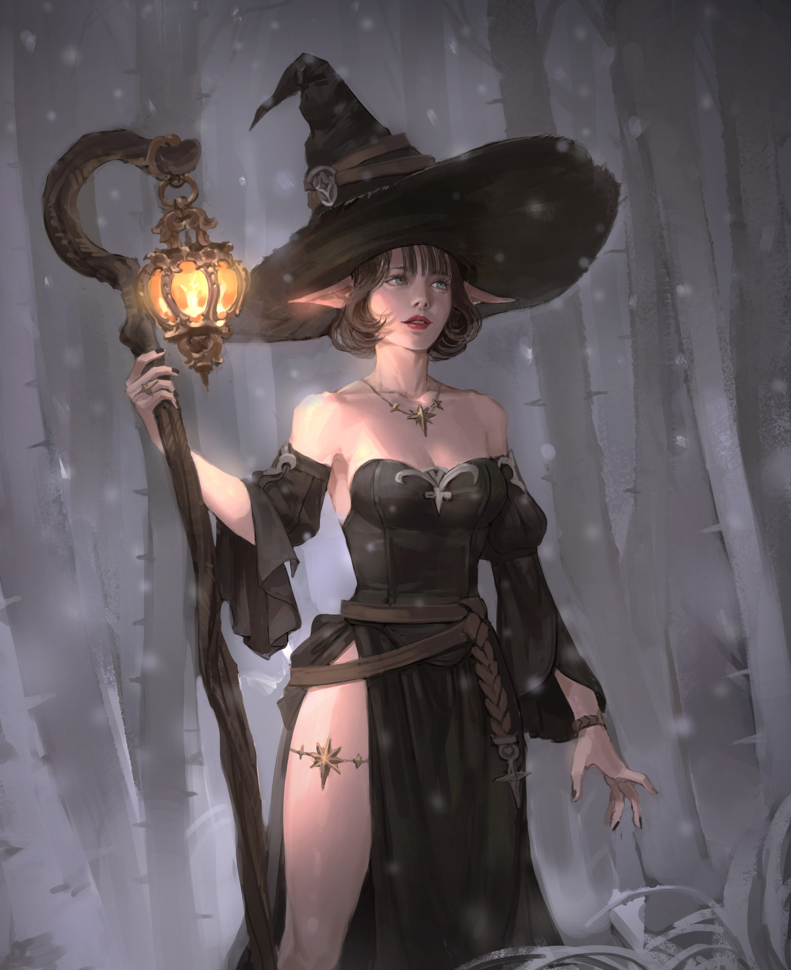 General 2673x3278 digital art women looking into the distance bare shoulders thighs snowflakes tattoo digital painting pointy ears blue eyes staff black dress artwork short hair witch hat witch
