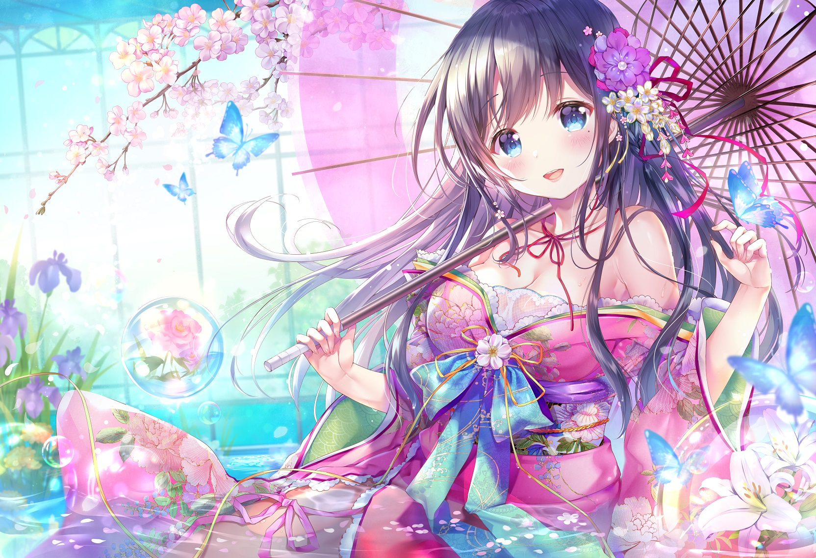 Anime 1664x1137 anime anime girls umbrella Japanese clothes butterfly cherry blossom flowers black hair blue eyes blushing bare shoulders cleavage water Momo Moyon Emori Miku mole under eye standing in water