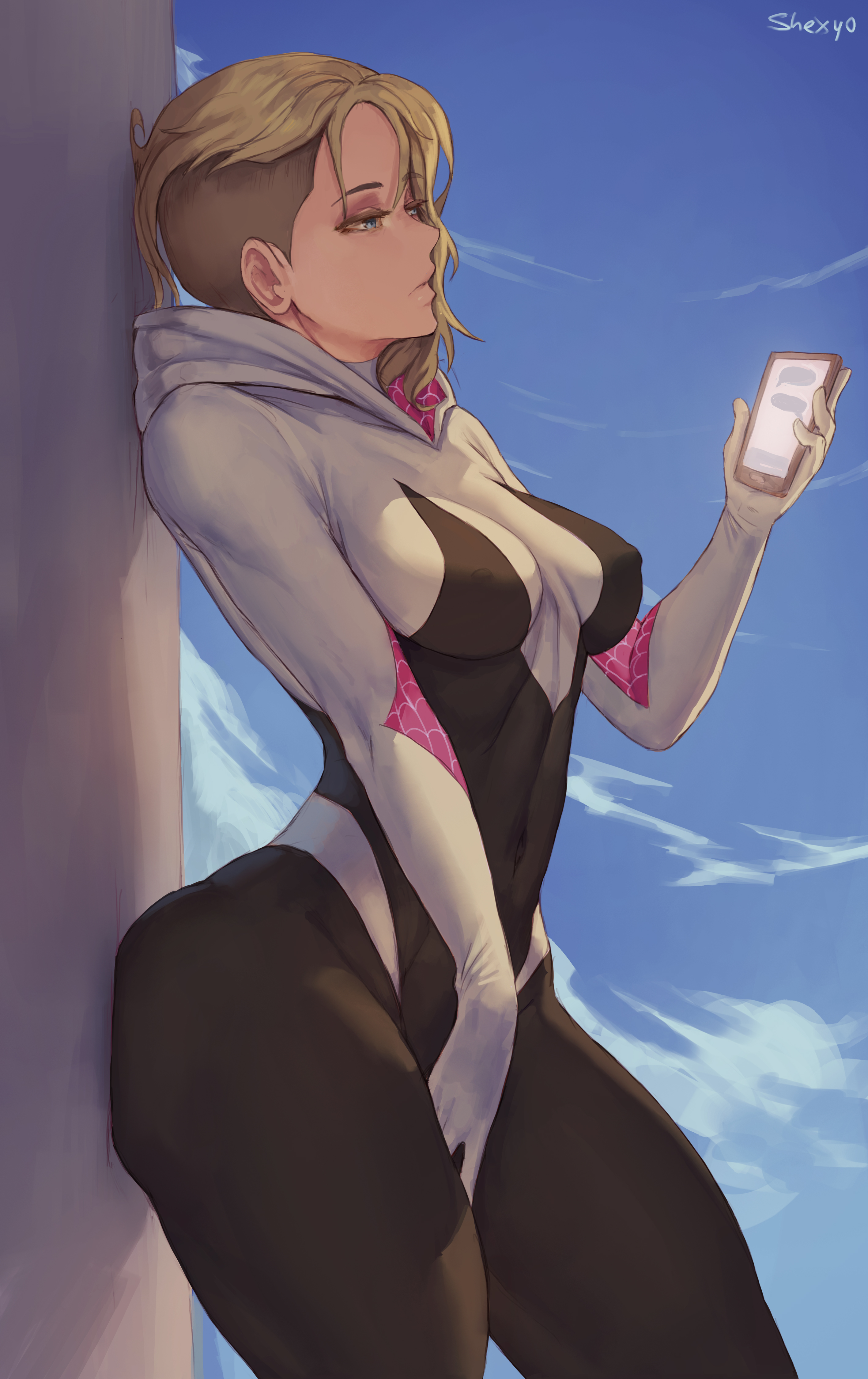 Anime 2834x4500 Gwen Stacy Spider Gwen blonde side shave blue eyes superheroines bodysuit costumes thick thigh curvy vertical artwork drawing digital art 2D illustration fan art Shexyo profile tight clothing no bra cellphone sky Spider-Man