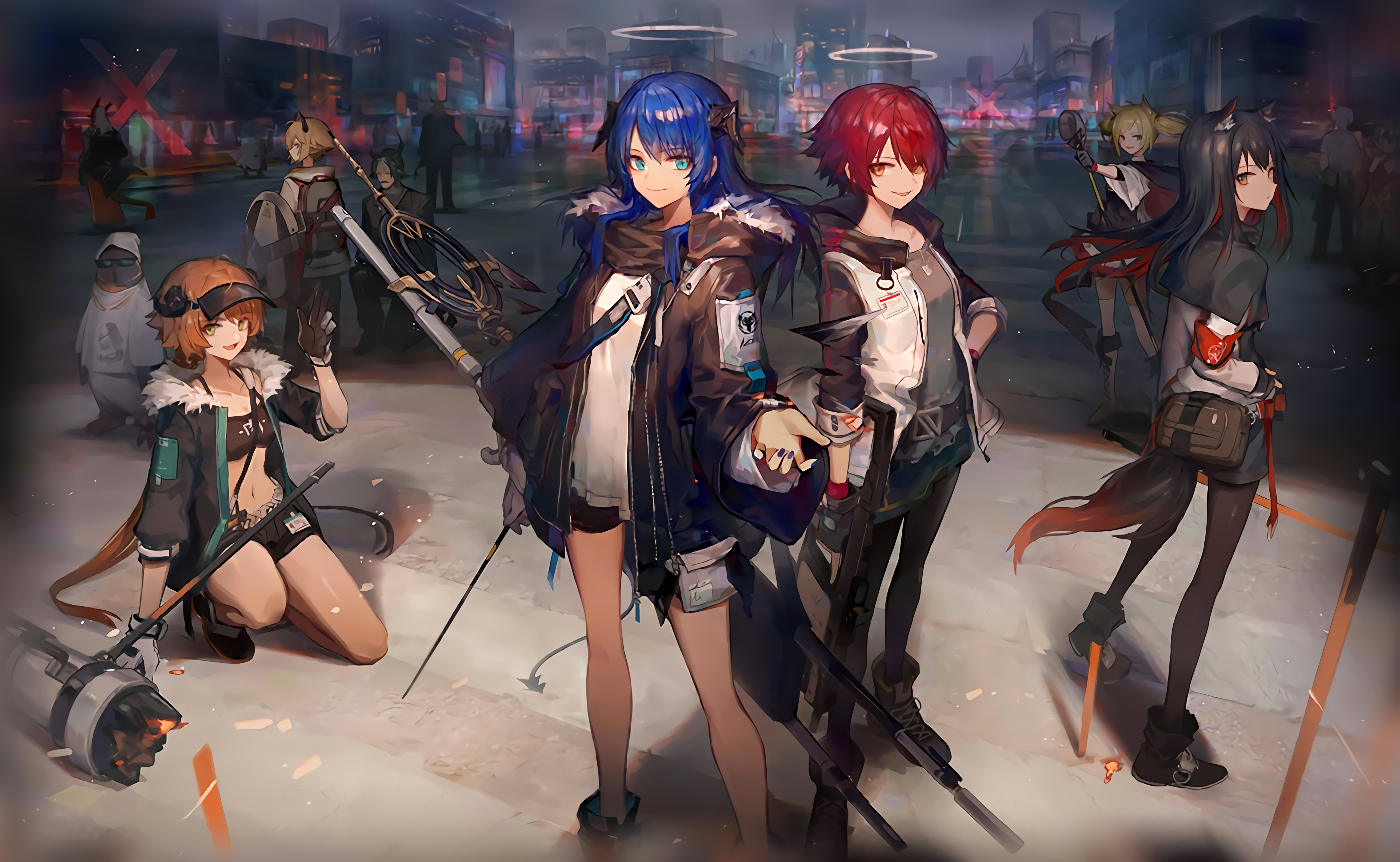 Anime 6399x3938 Arknights anime girls artwork video game art video game characters Exusiai (Arknights) Mostima (Arknights) halo redhead blue hair