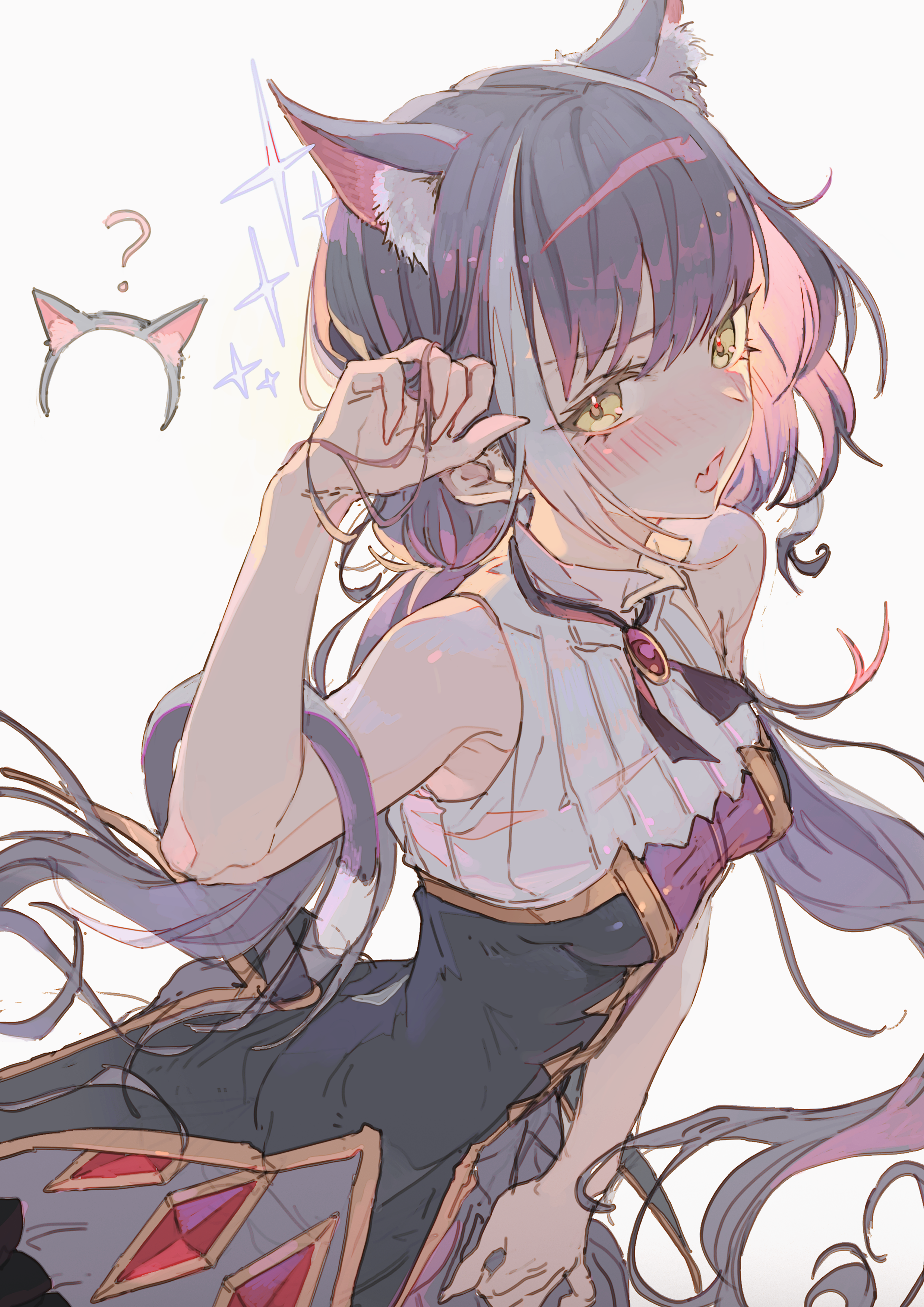 Anime 2480x3508 anime anime girls blushing illustration drawing 2D digital art animal ears long hair Hong tail cat girl Kyaru (Princess Connect) Princess Connect Re:Dive yellow eyes blunt bangs open mouth looking at viewer one arm up dress armpits white background portrait display pendant