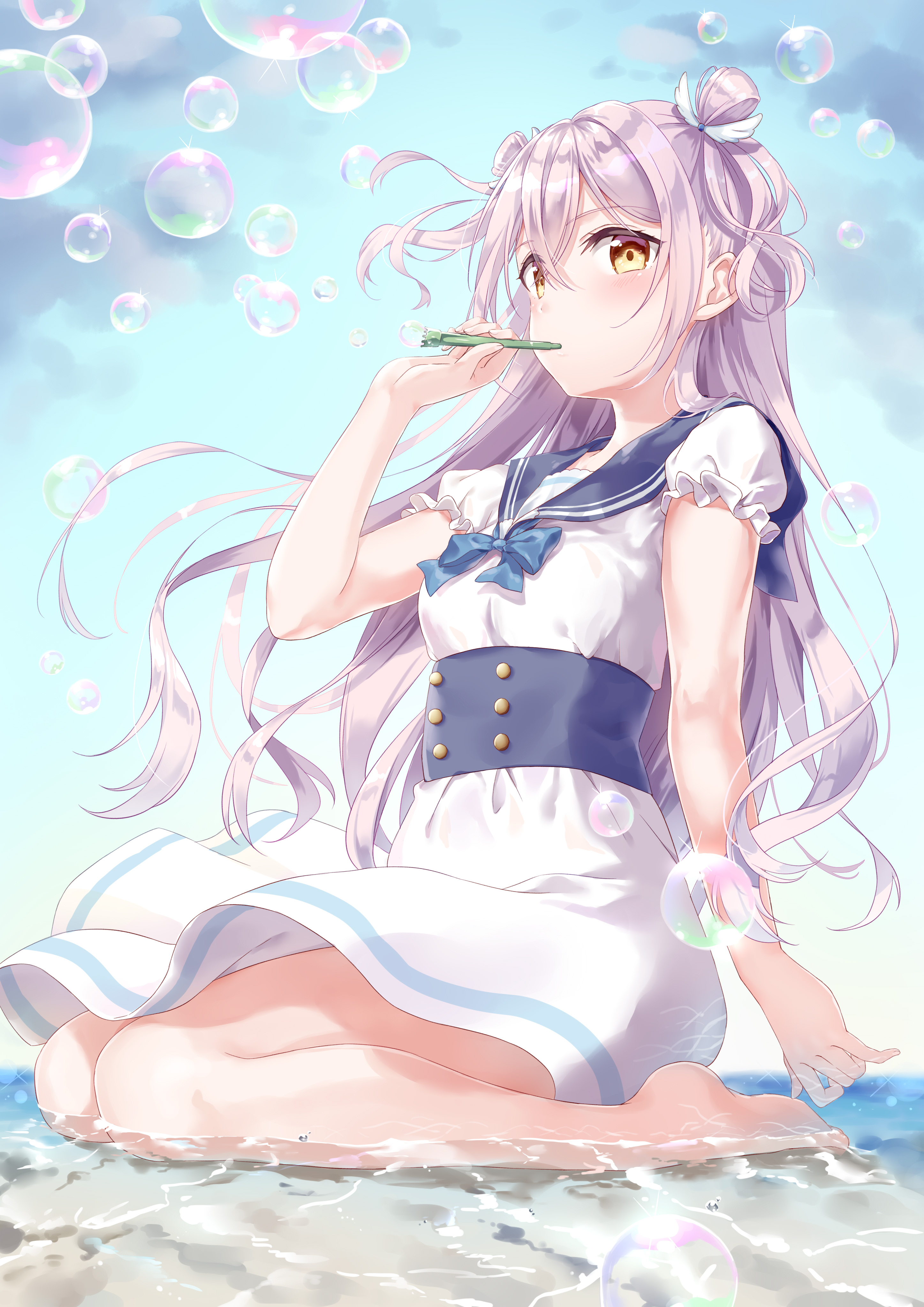 Anime 2894x4093 water bubbles blushing silver hair yellow eyes dress barefoot kneeling anime girls Shiono