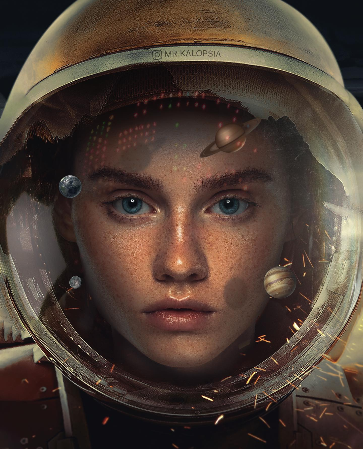 General 1440x1782 artwork fantasy art astronaut women face blue eyes planet freckles Eashan Misra
