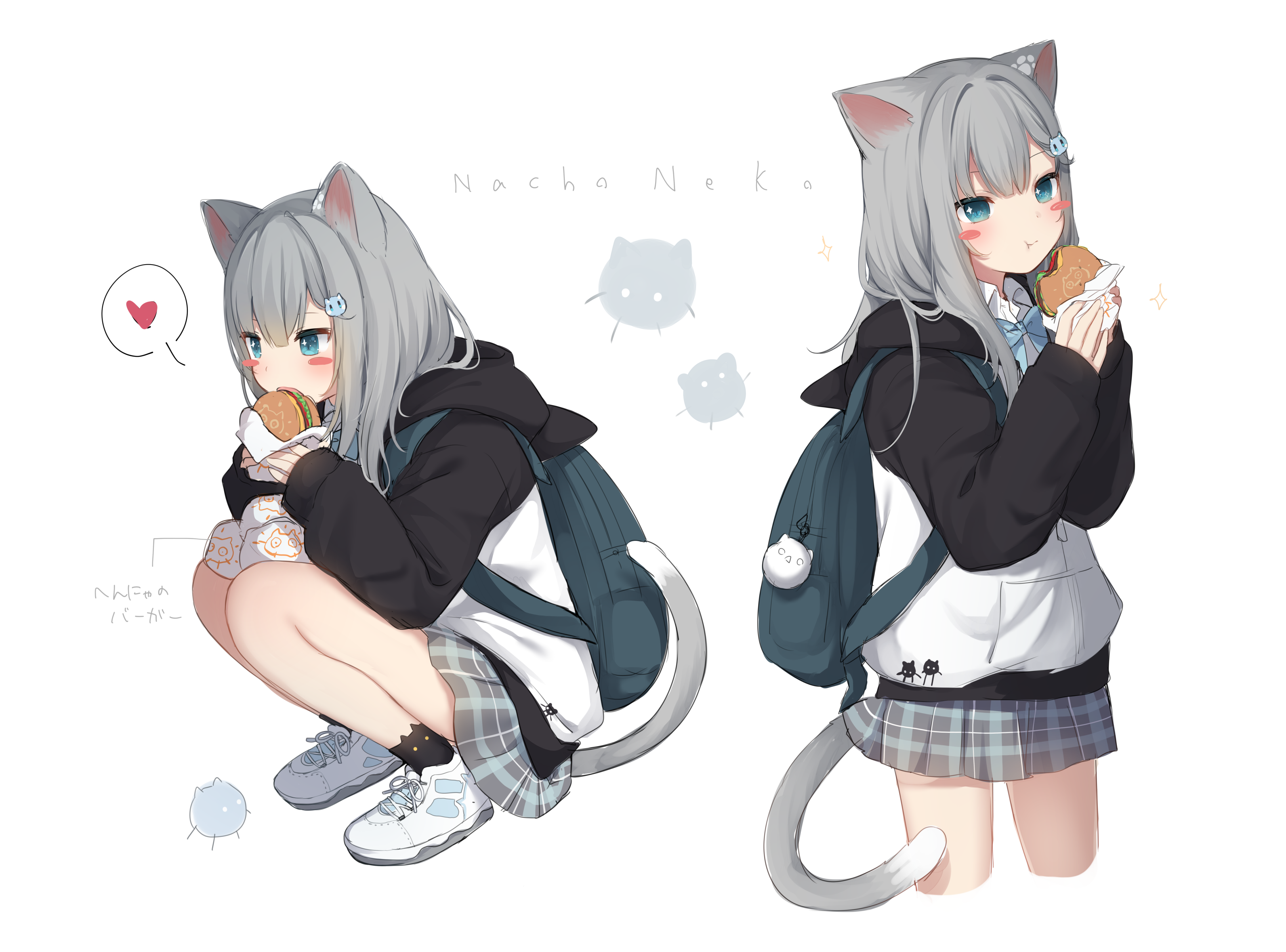 cat girl, Amashiro Natsuki, blue eyes, squatting, anime, anime girls, nacho  neko, animal ears, tail, gray hair, blushing, food