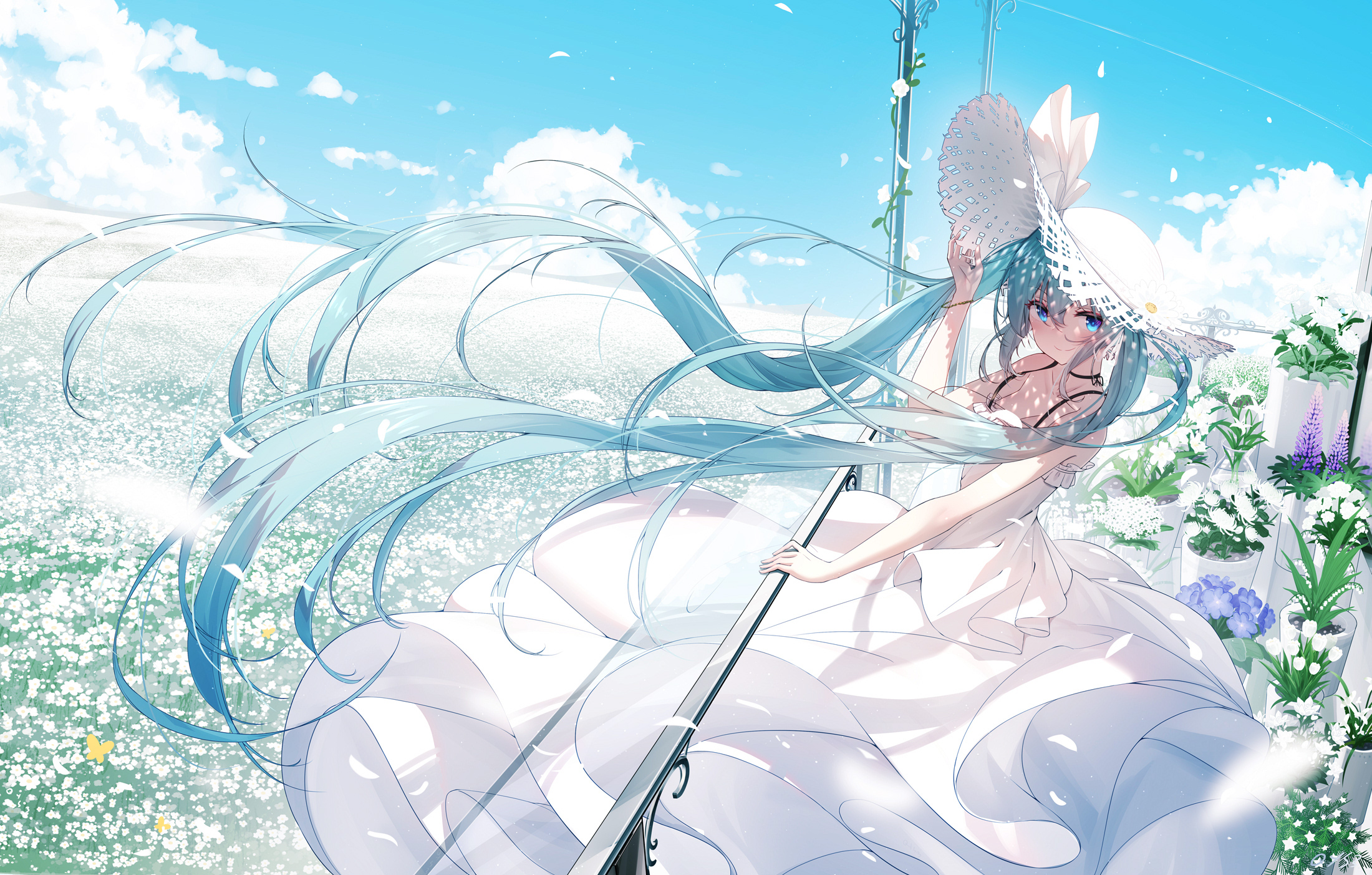 Anime 2200x1403 Vocaloid Hatsune Miku twintails blue eyes white dress white hat straw hat blue hair long hair flowers anime girls Bai Yemeng