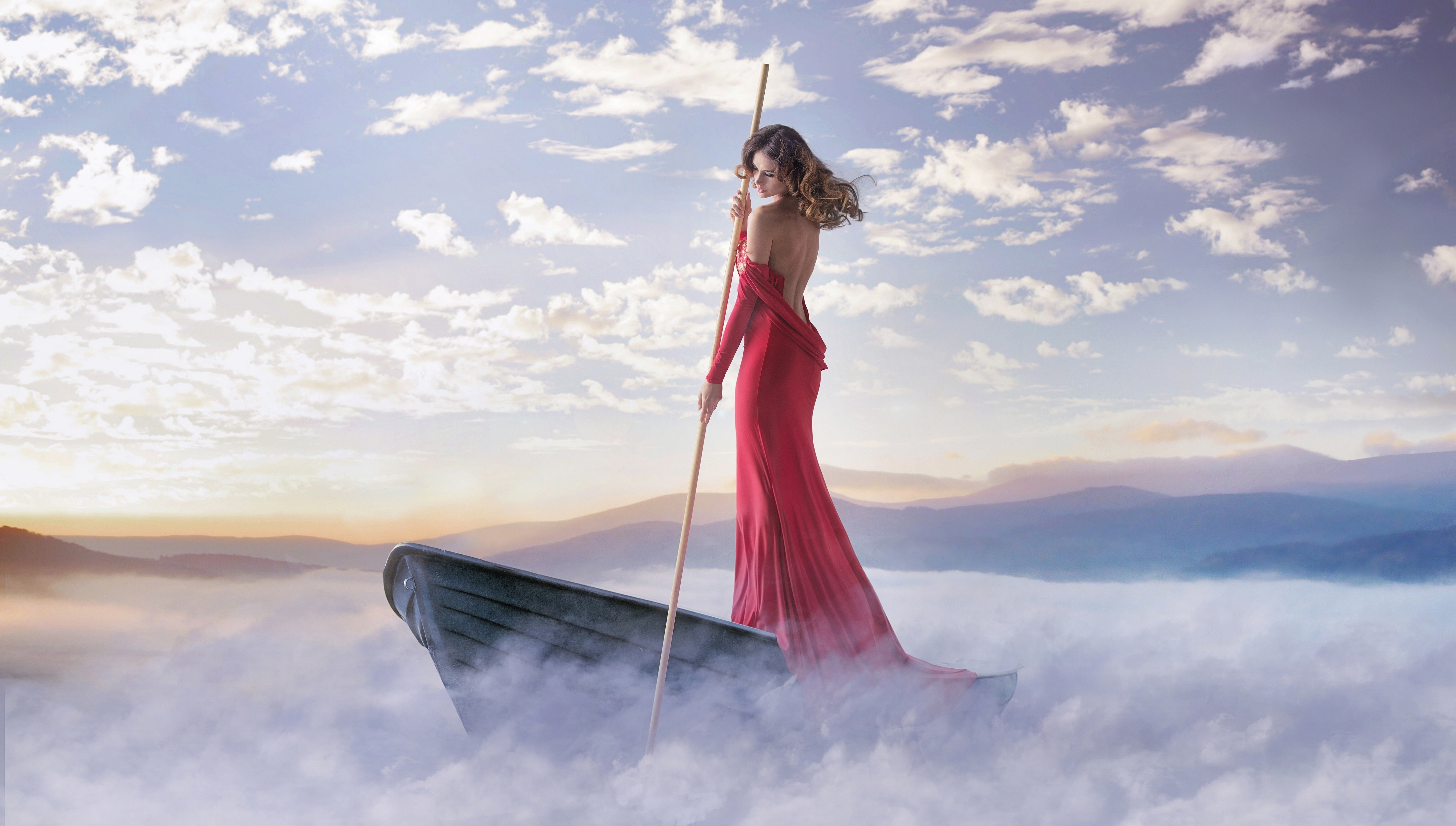 People 5000x2835 women long hair boat vehicle back dress standing sky clouds backless bare shoulders