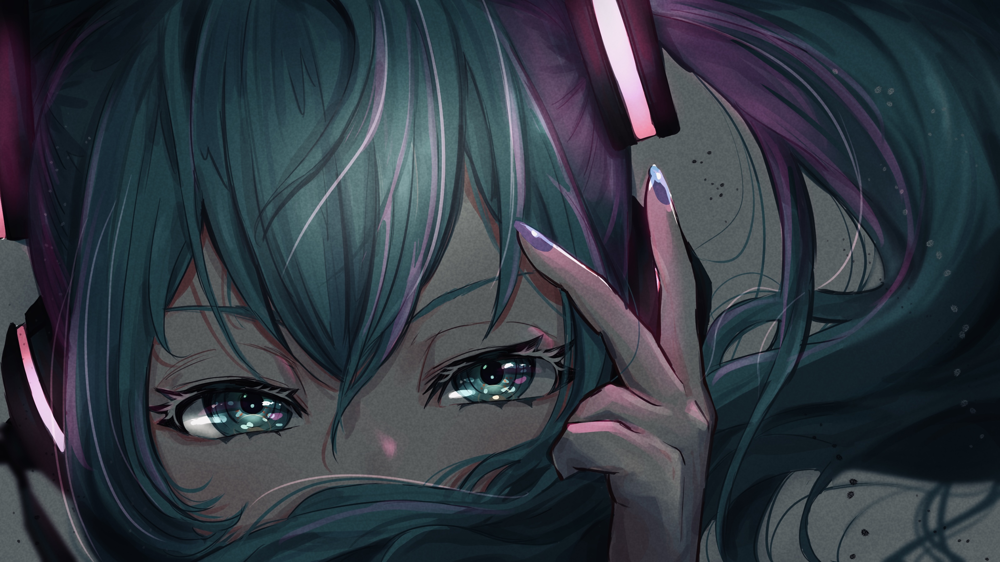Anime 3200x1800 anime anime girls Vocaloid Hatsune Miku green eyes purple nails long nails long hair looking at viewer