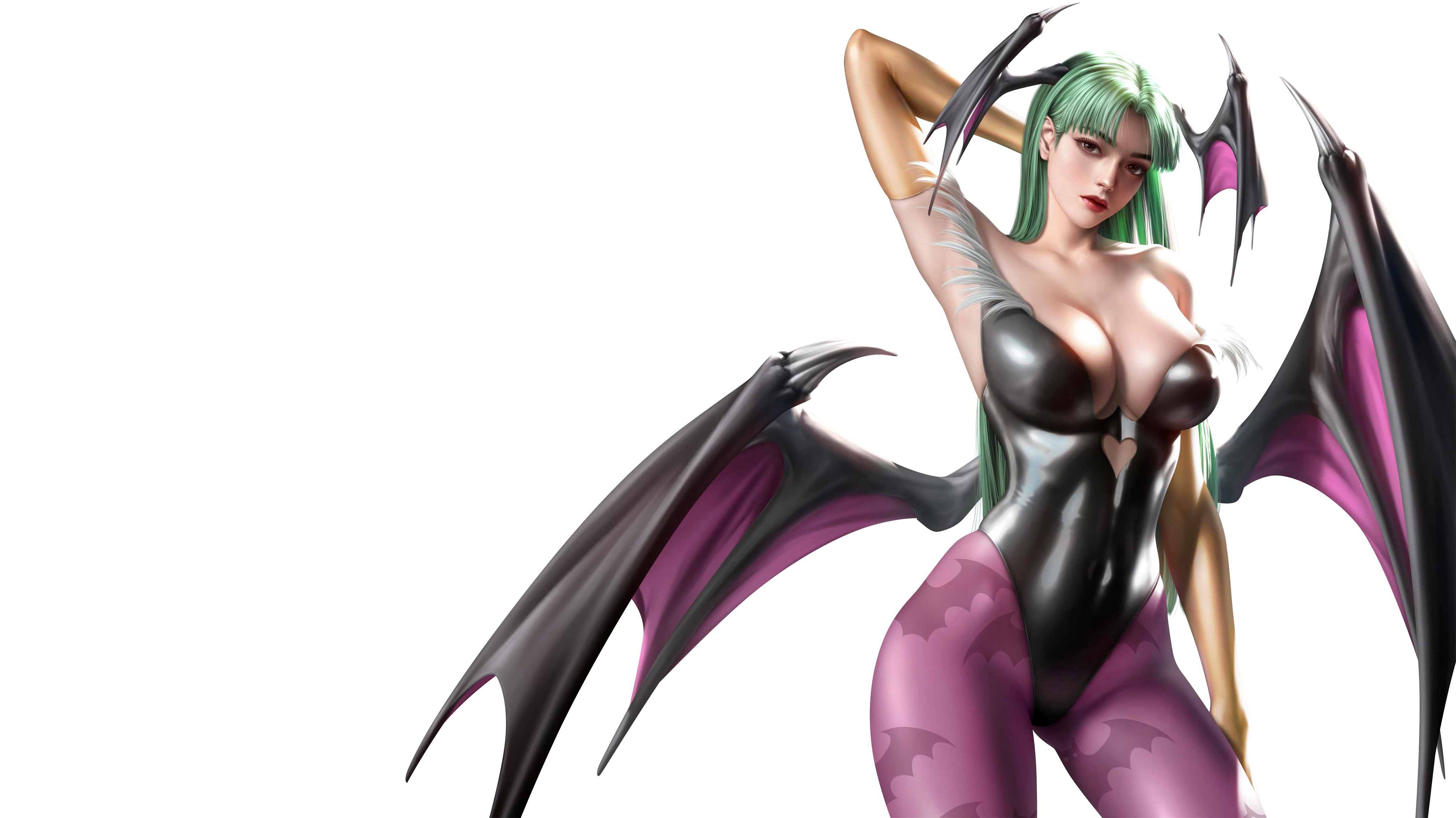 Anime 4139x2328 Morrigan Aensland succubus leotard wings white background video game characters video game girls Darkstalkers