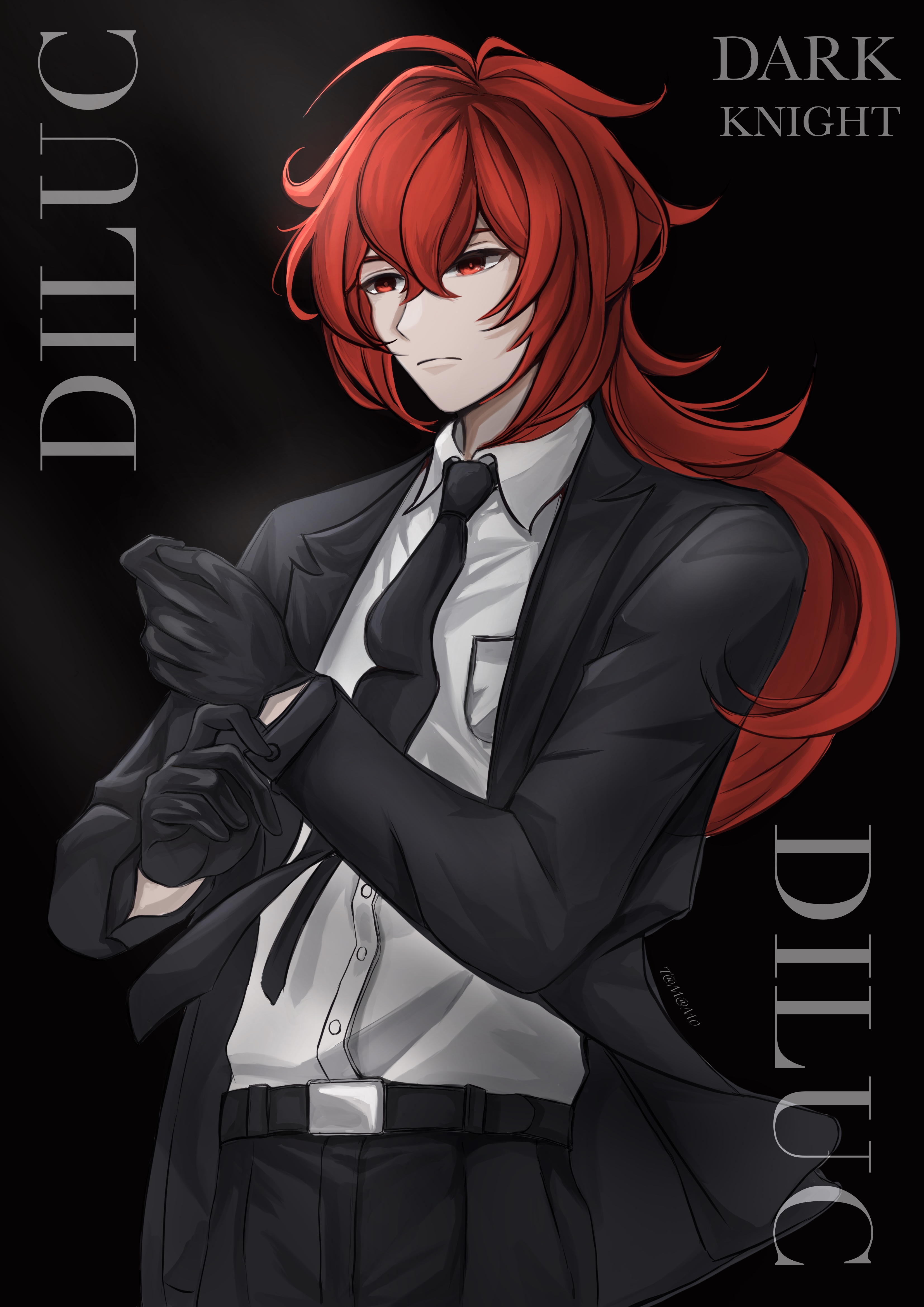 Anime 3307x4677 Genshin Impact anime redhead tie red eyes long hair gloves suits