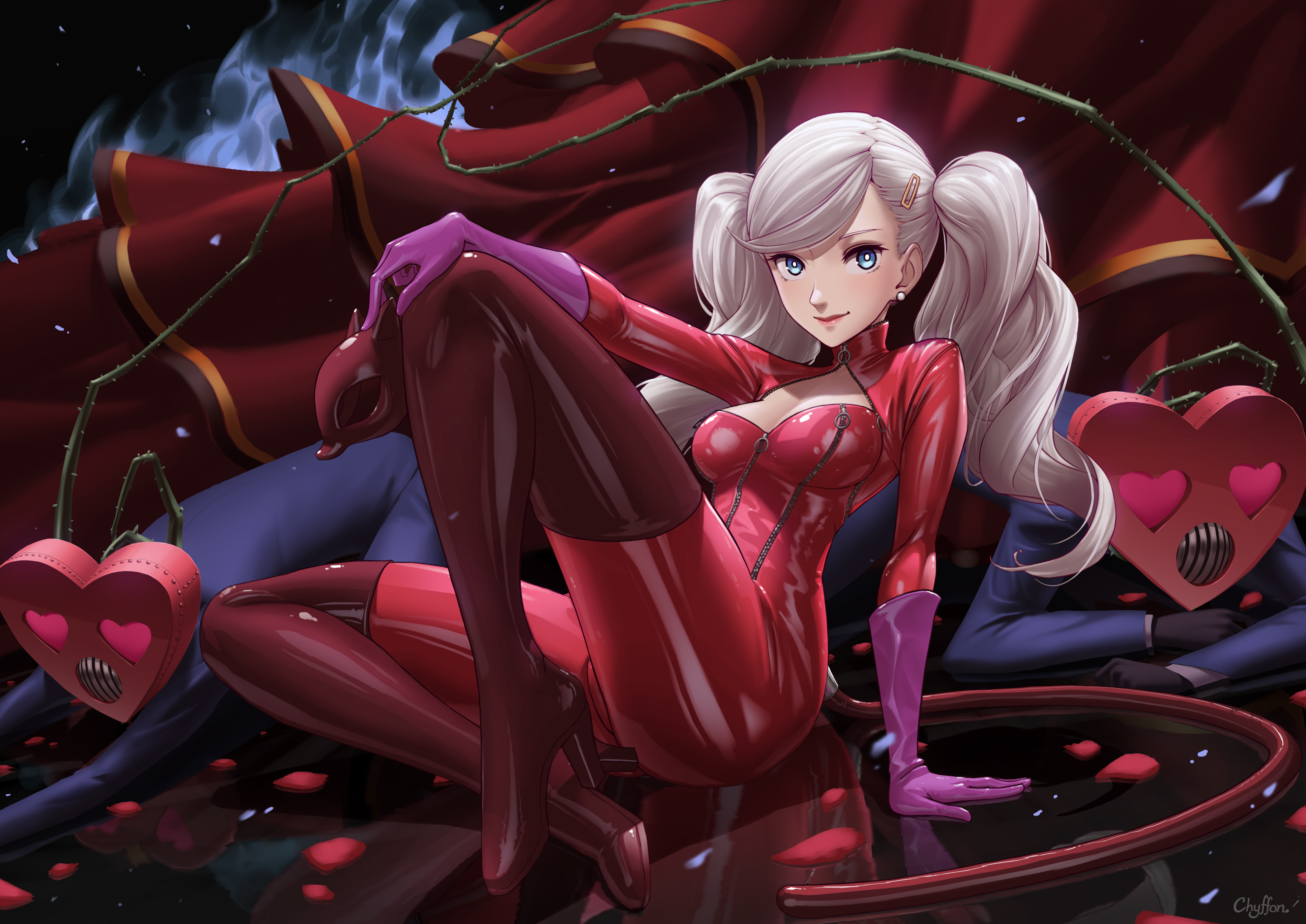 Anime 4961x3508 Ann Takamaki  Persona 5 latex bodysuit panther (Persona 5) mask anime girls women anime looking at viewer blue eyes legs heels video games video game art Persona series