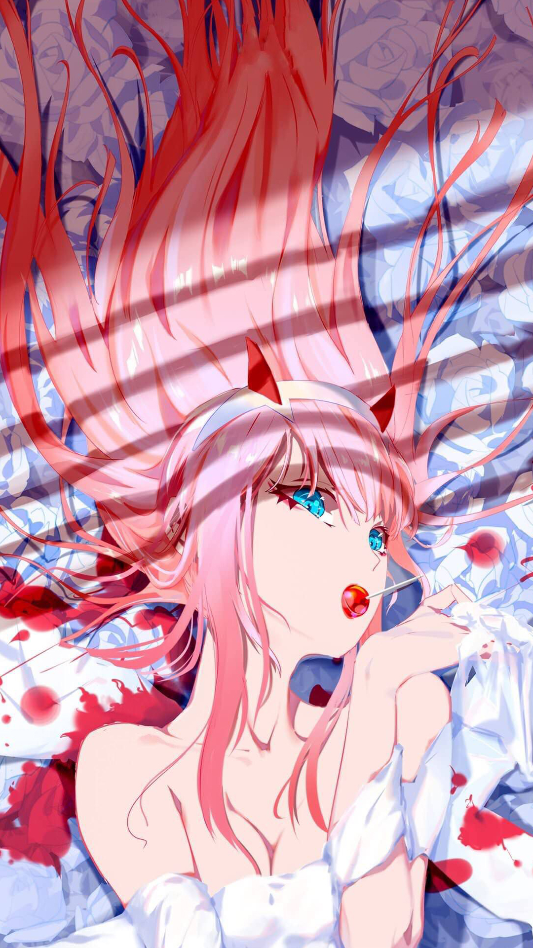 Anime 1080x1920 anime girls Darling in the FranXX Zero Two (Darling in the FranXX) pink hair blue eyes horns lollipop long hair bare shoulders cleavage Ya Yan cropped