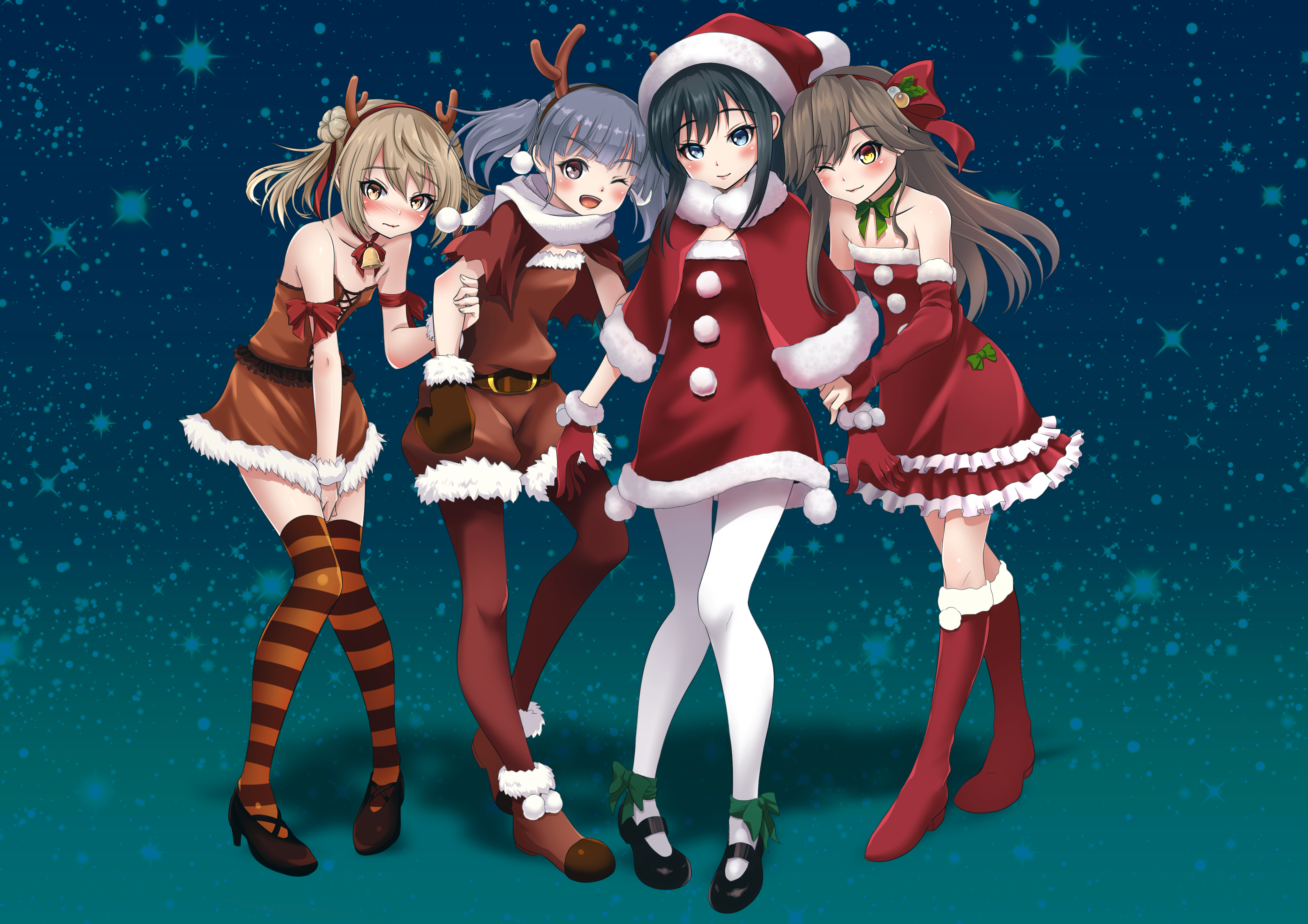 Anime 4093x2894 anime anime girls Kantai Collection Asashio (kancolle) Ooshio (kancolle) Michishio (KanColle) Arashio (KanColle) long hair twintails black hair blue hair brunette group of women artwork digital art fan art Christmas clothes Santa hats