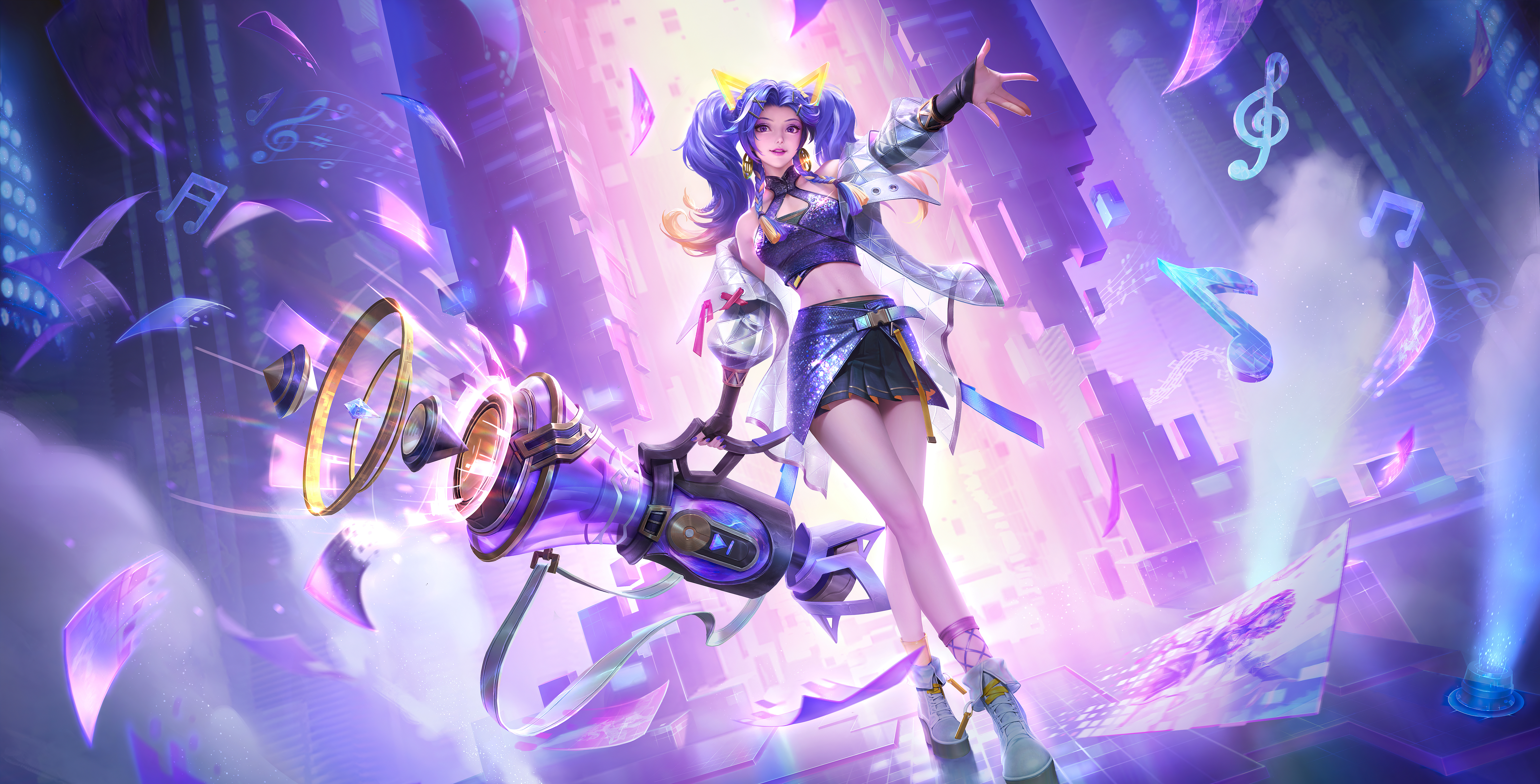 General 7465x3800 Honor of Kings video game characters video game girls purple hair long hair skirt thighs legs girls with guns slim body video game art