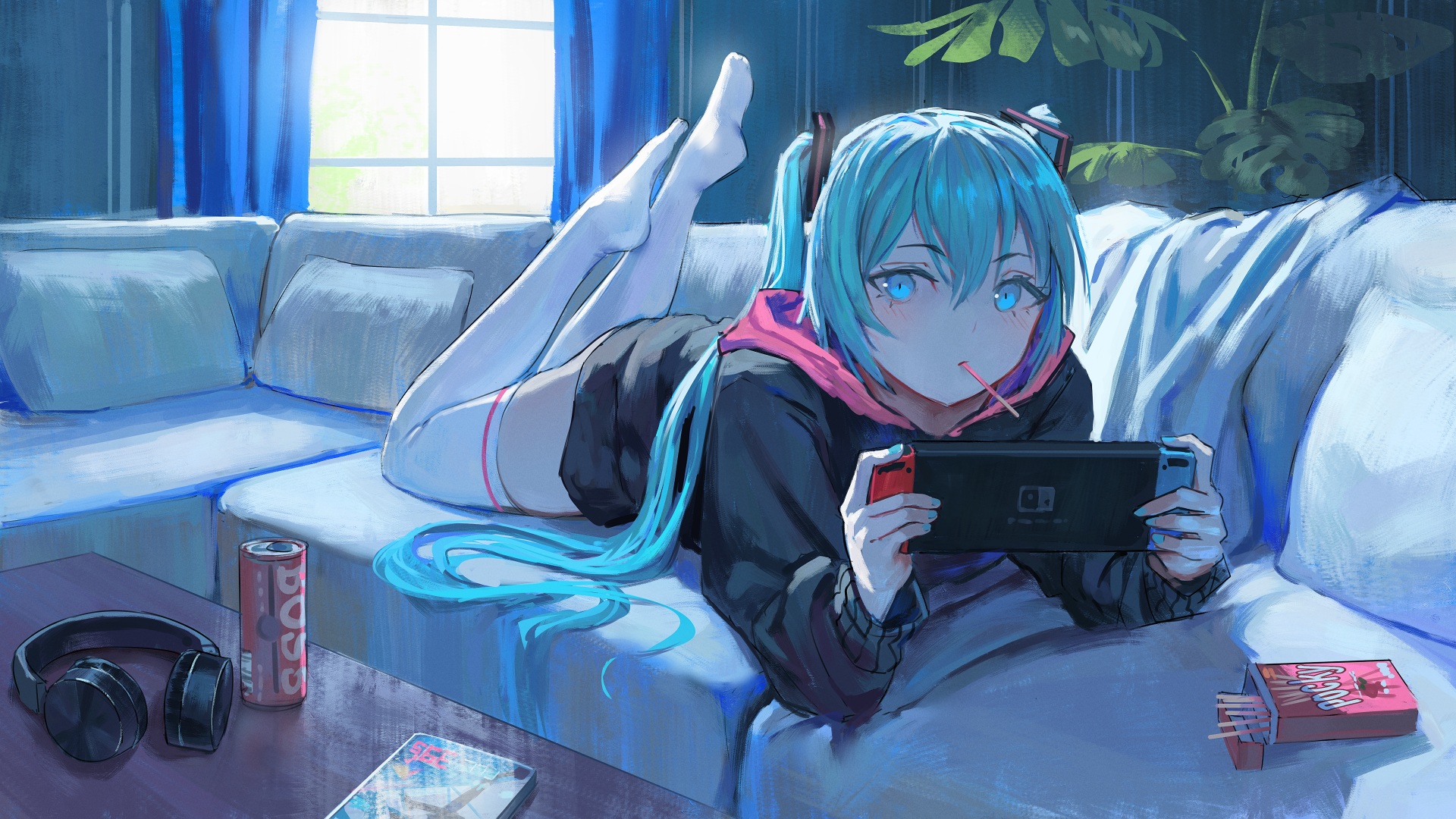 Anime 1920x1080 anime anime girls lying on couch couch headphones feet in the air blue eyes Nintendo Switch Pocky Hatsune Miku Vocaloid