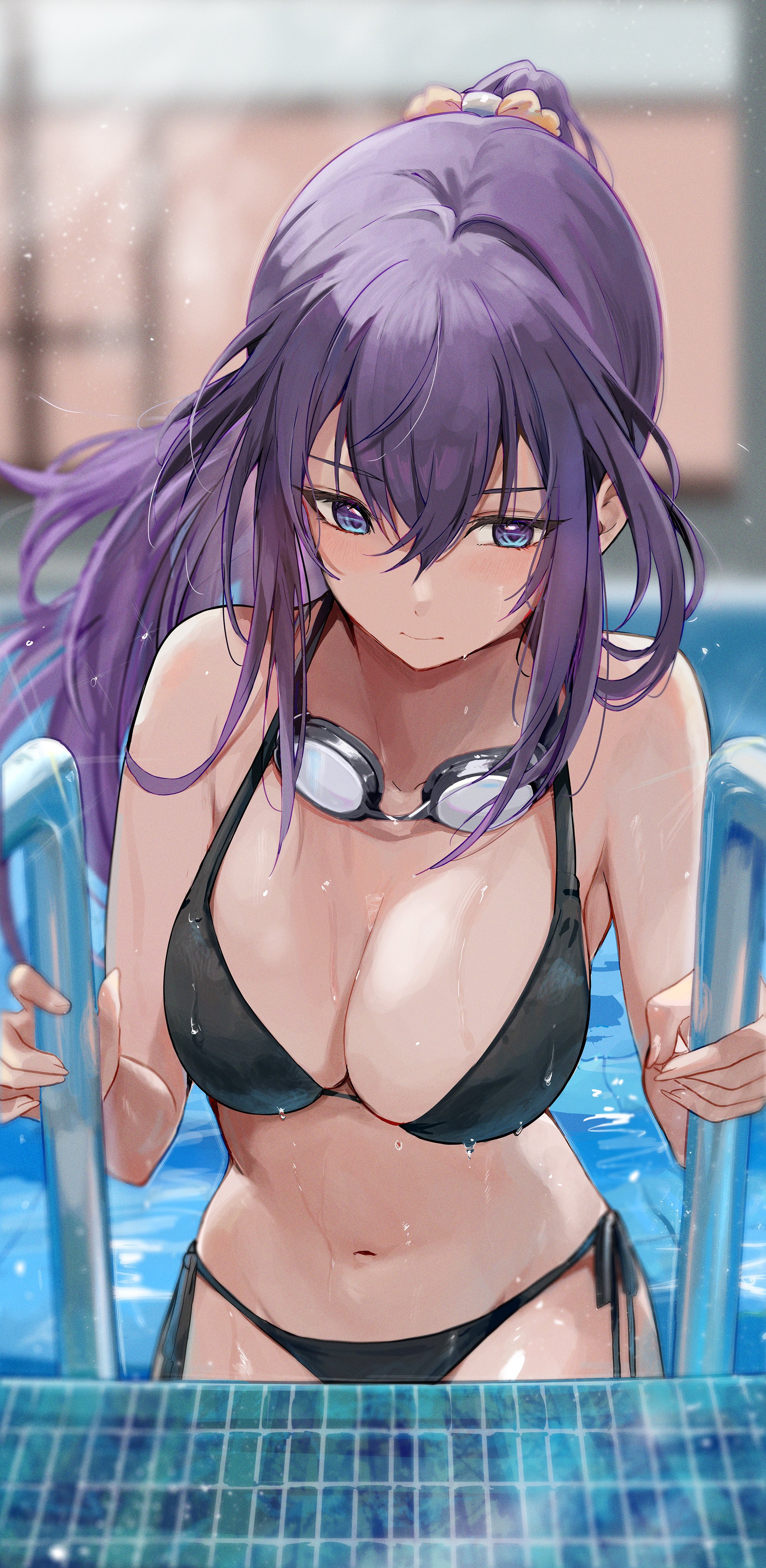 Anime 2002x4096 anime anime girls bikini swimming pool big boobs goggles blue eyes purple hair wet body Tomura2maru