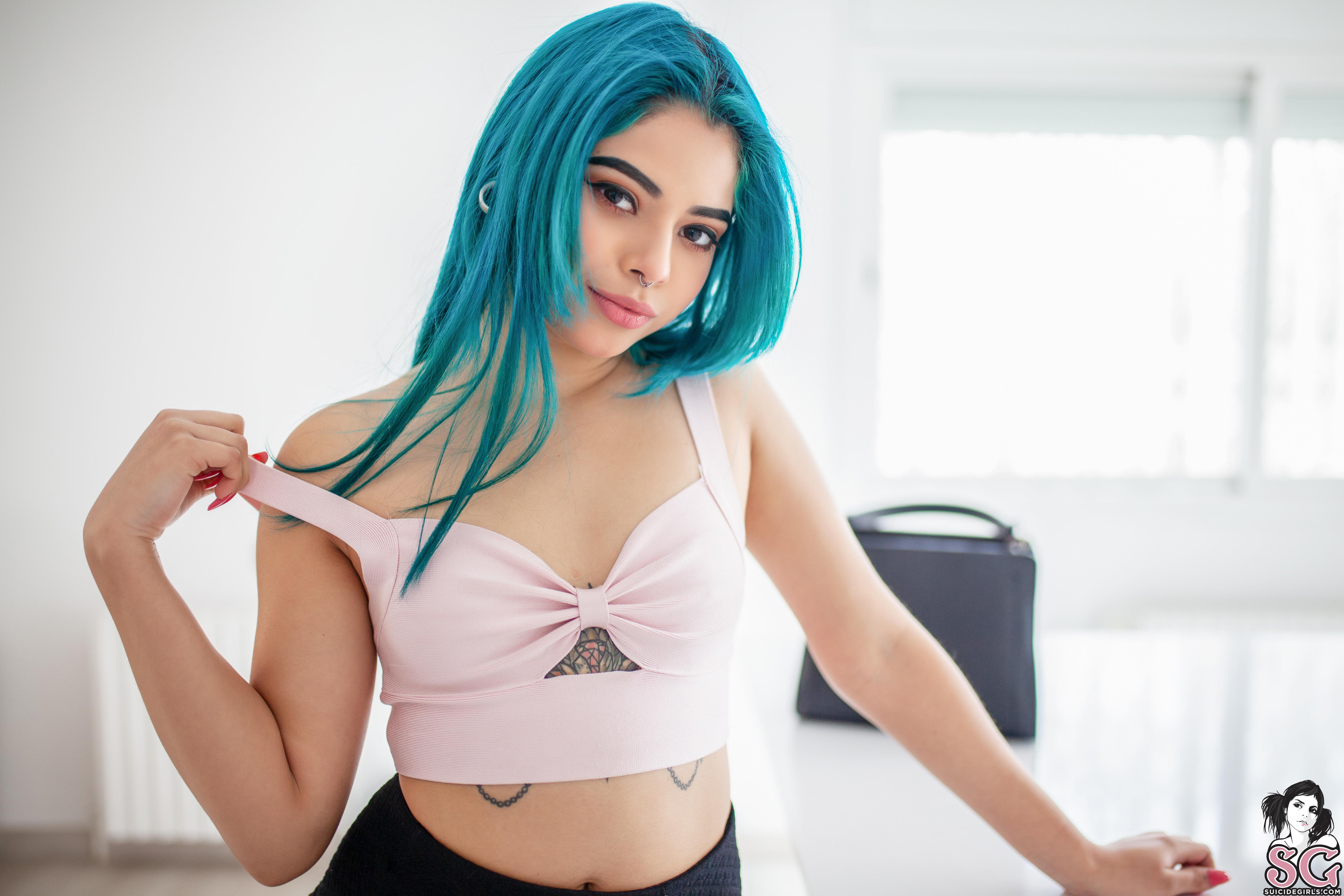 People 3000x2000 Fairy Suicide women model blue hair dyed hair long hair Suicide Girls women indoors